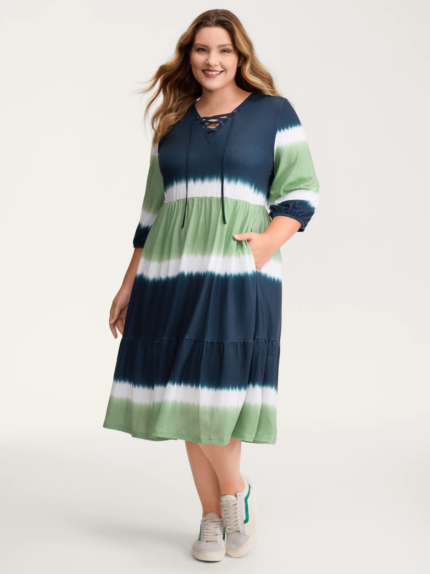 Cross-Tie Neckline Color Gradient Midi Dress - Image 3