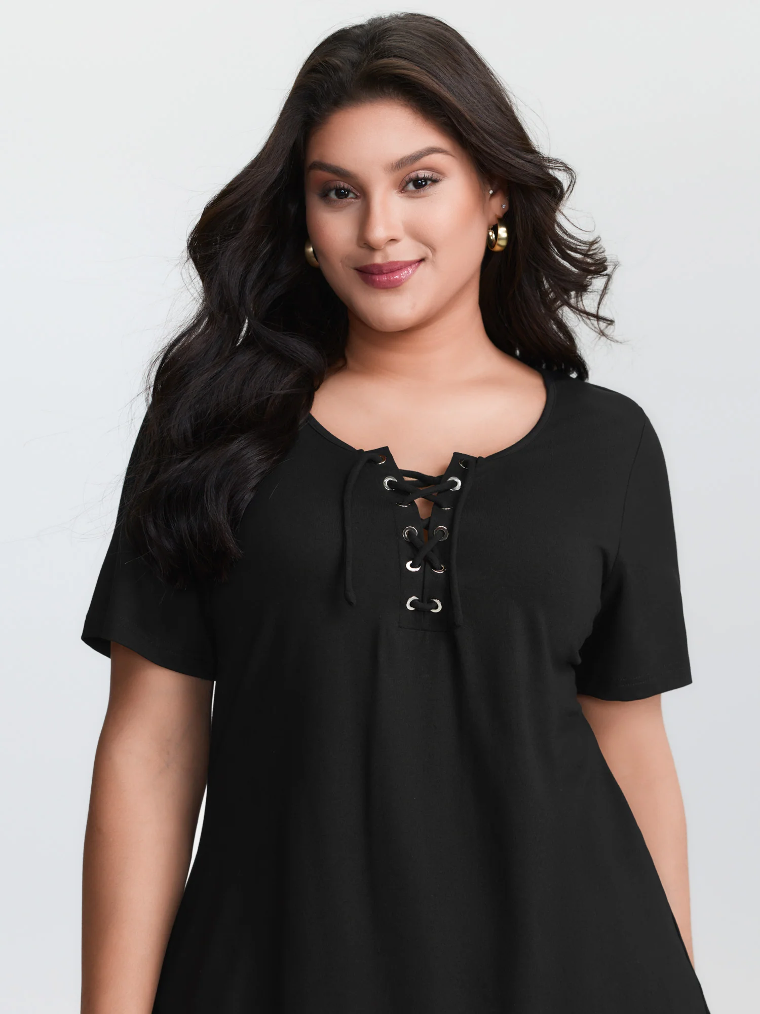 Cross Tie Neckline Plain T-Shirt - Image 2