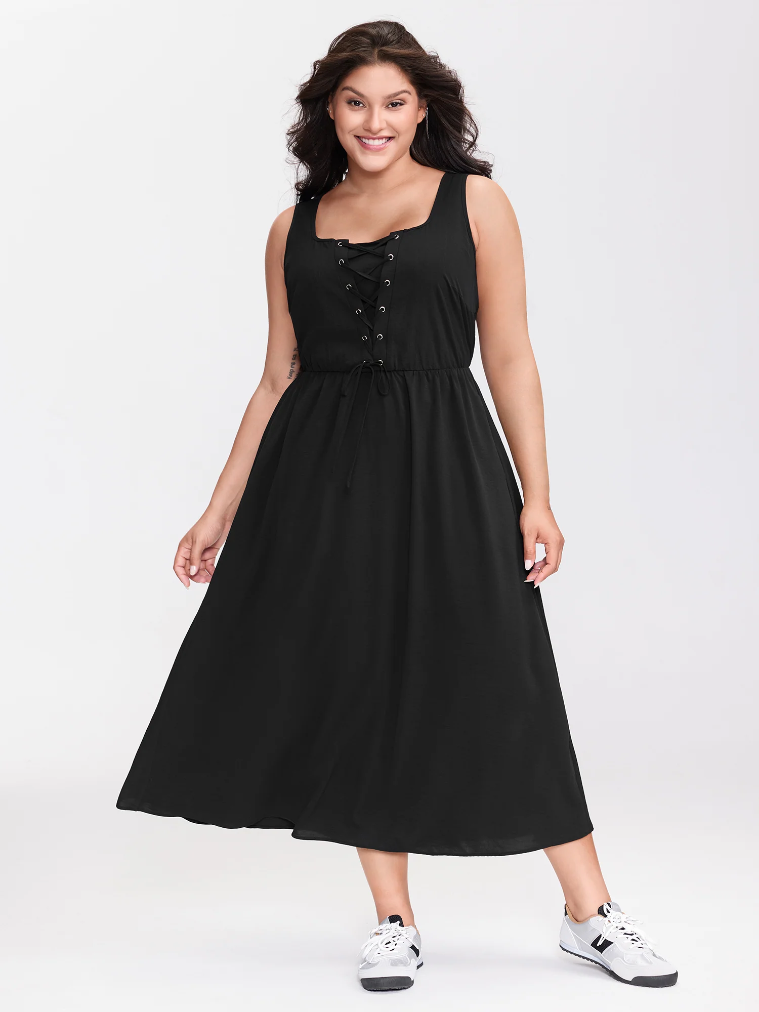 Cross-Tie Textured Solid Midi Dress