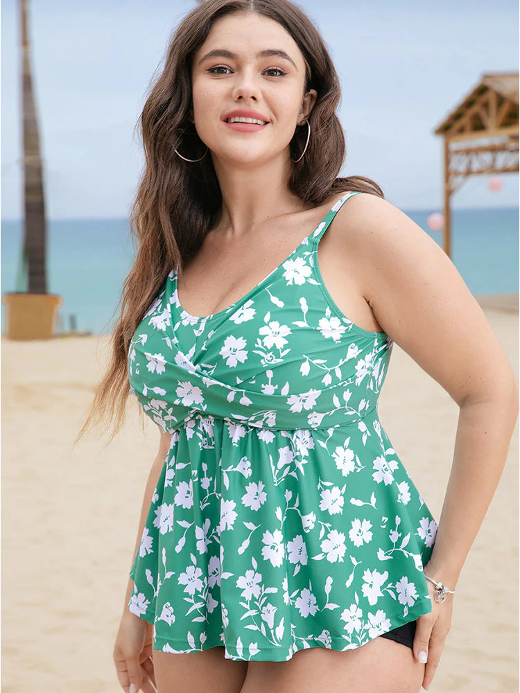Crossover Adjustable Straps Ruffle Hem Floral Print Tankini Top - Image 4