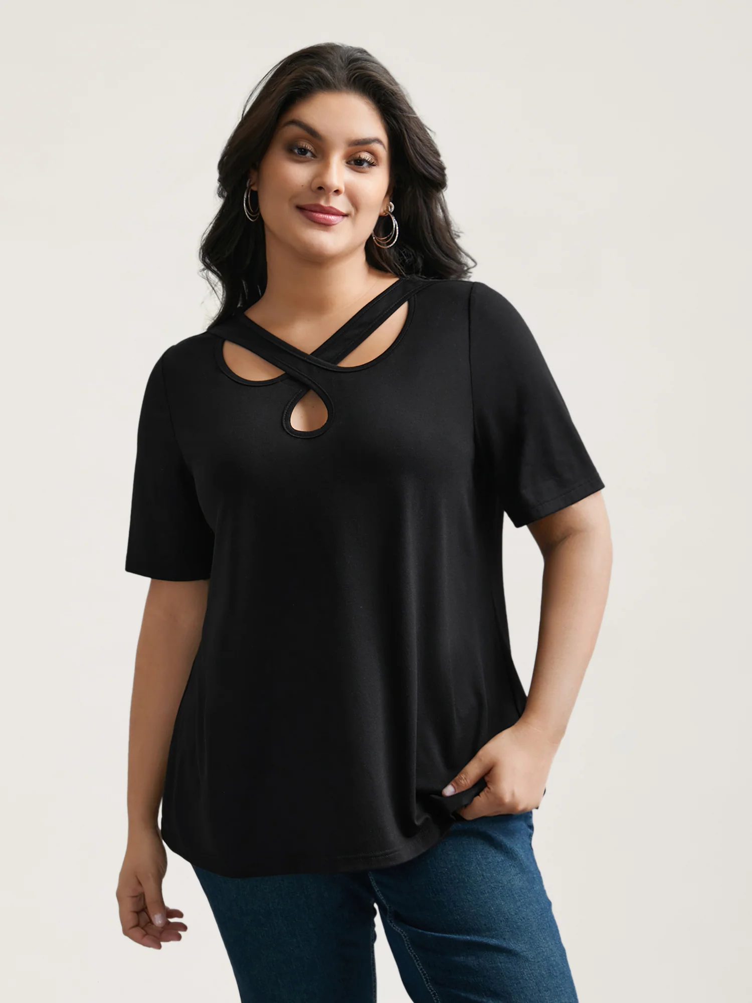 Crossover Keyhole Plain Stretchy T-Shirt