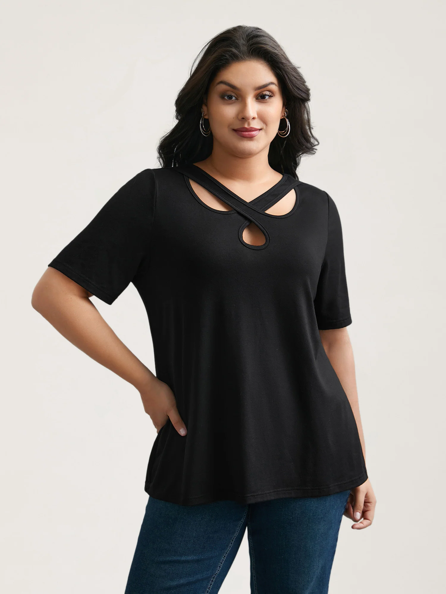 Crossover Keyhole Plain Stretchy T-Shirt - Image 2