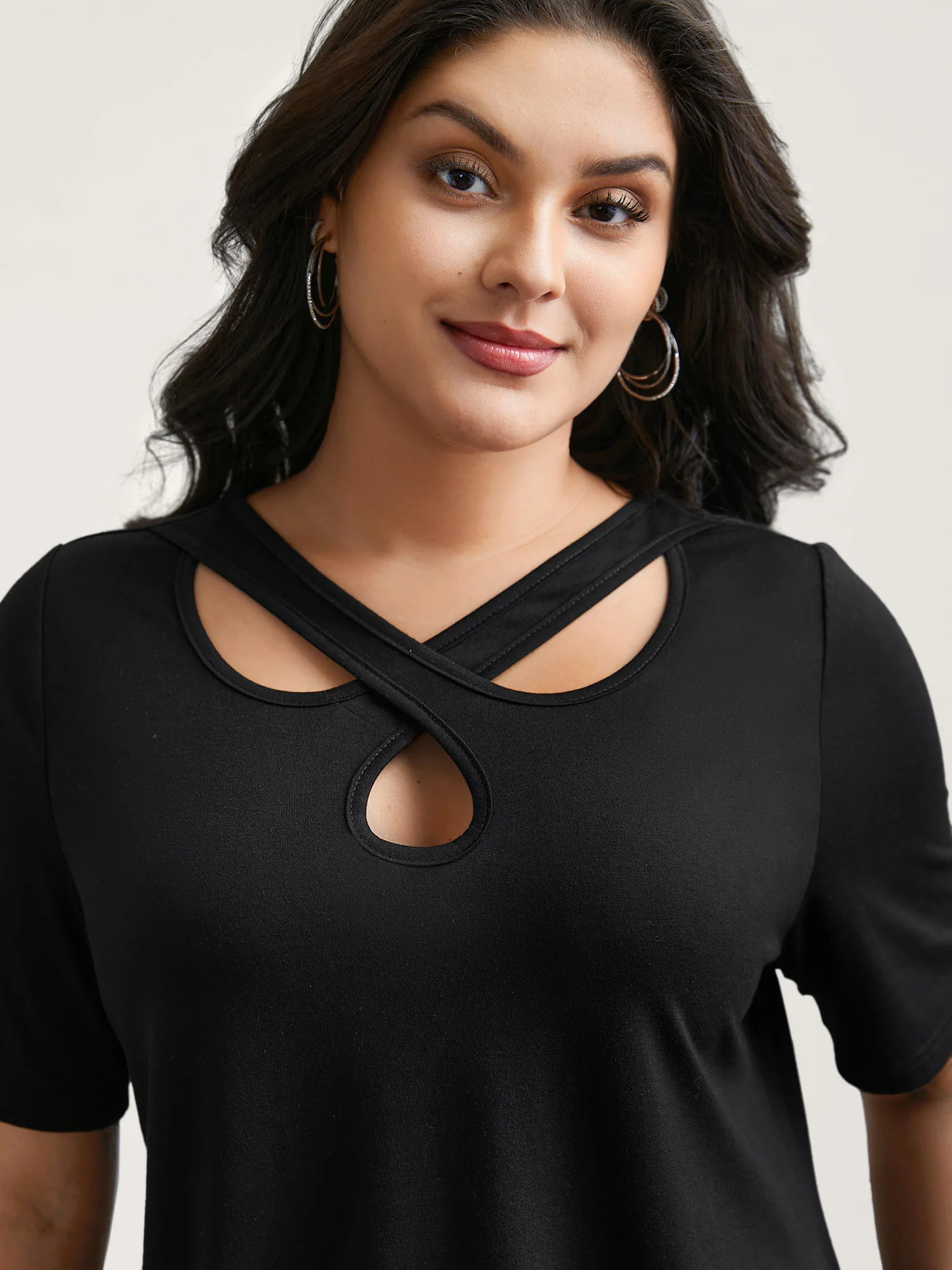 Crossover Keyhole Plain Stretchy T-Shirt - Image 3