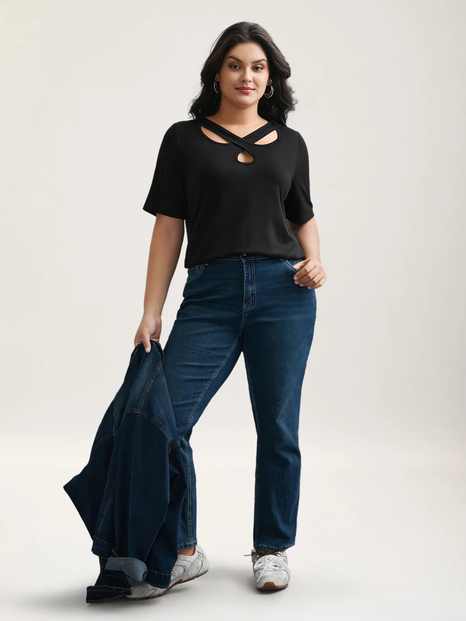 Crossover Keyhole Plain Stretchy T-Shirt - Image 4