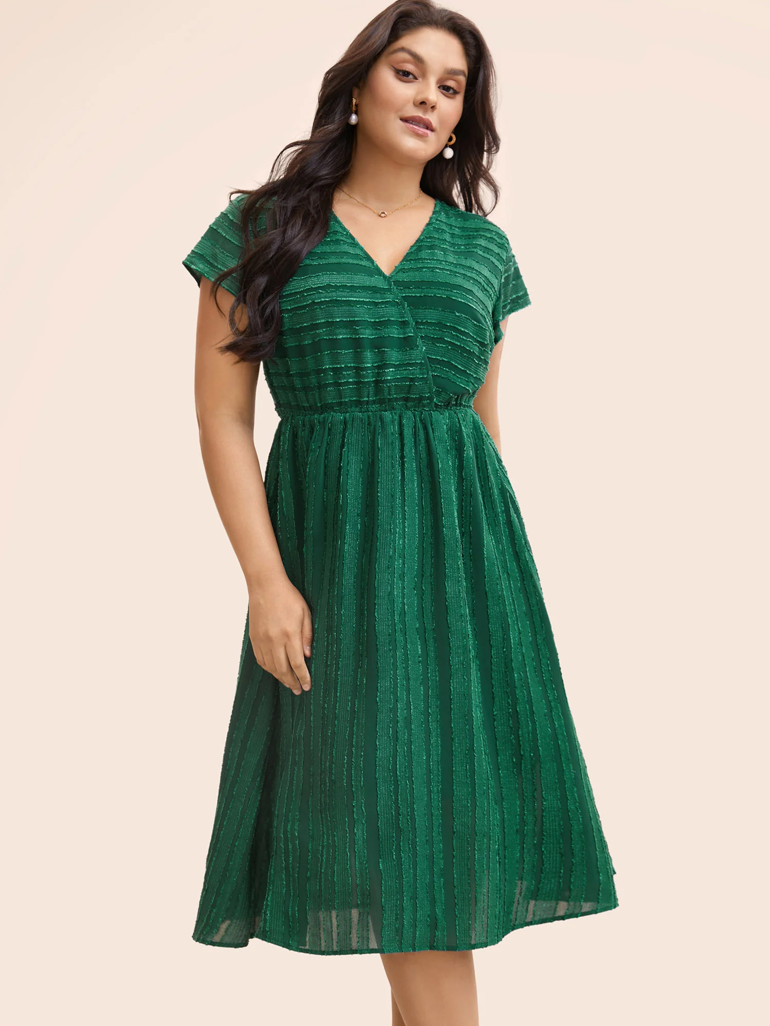 Overlap Collar Plain Textured Midi Dress - Image 2