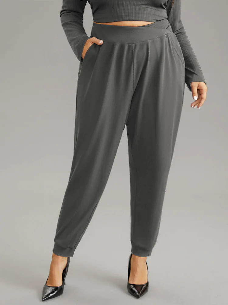 Crossover Plain Texture High Rise Pants - Image 3