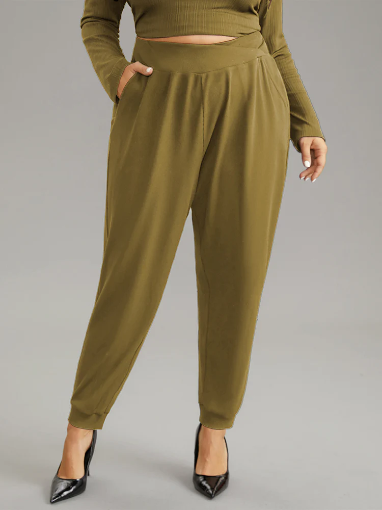 Crossover Plain Texture High Rise Pants - Image 4
