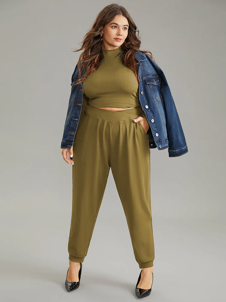 Crossover Plain Texture High Rise Pants - Image 6