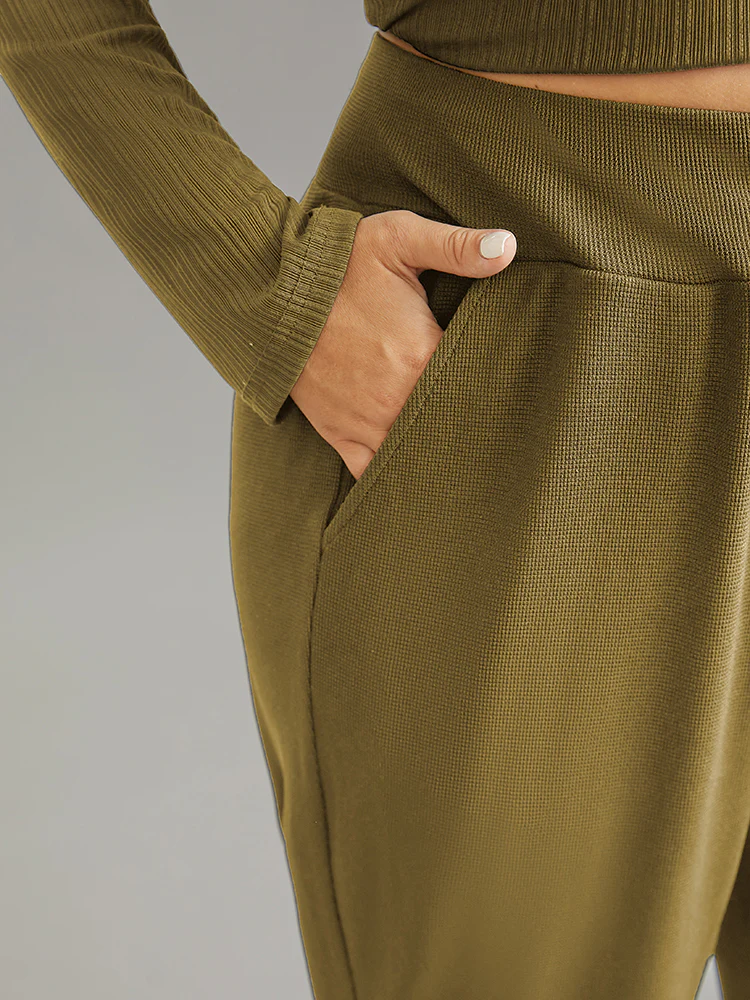 Crossover Plain Texture High Rise Pants - Image 7