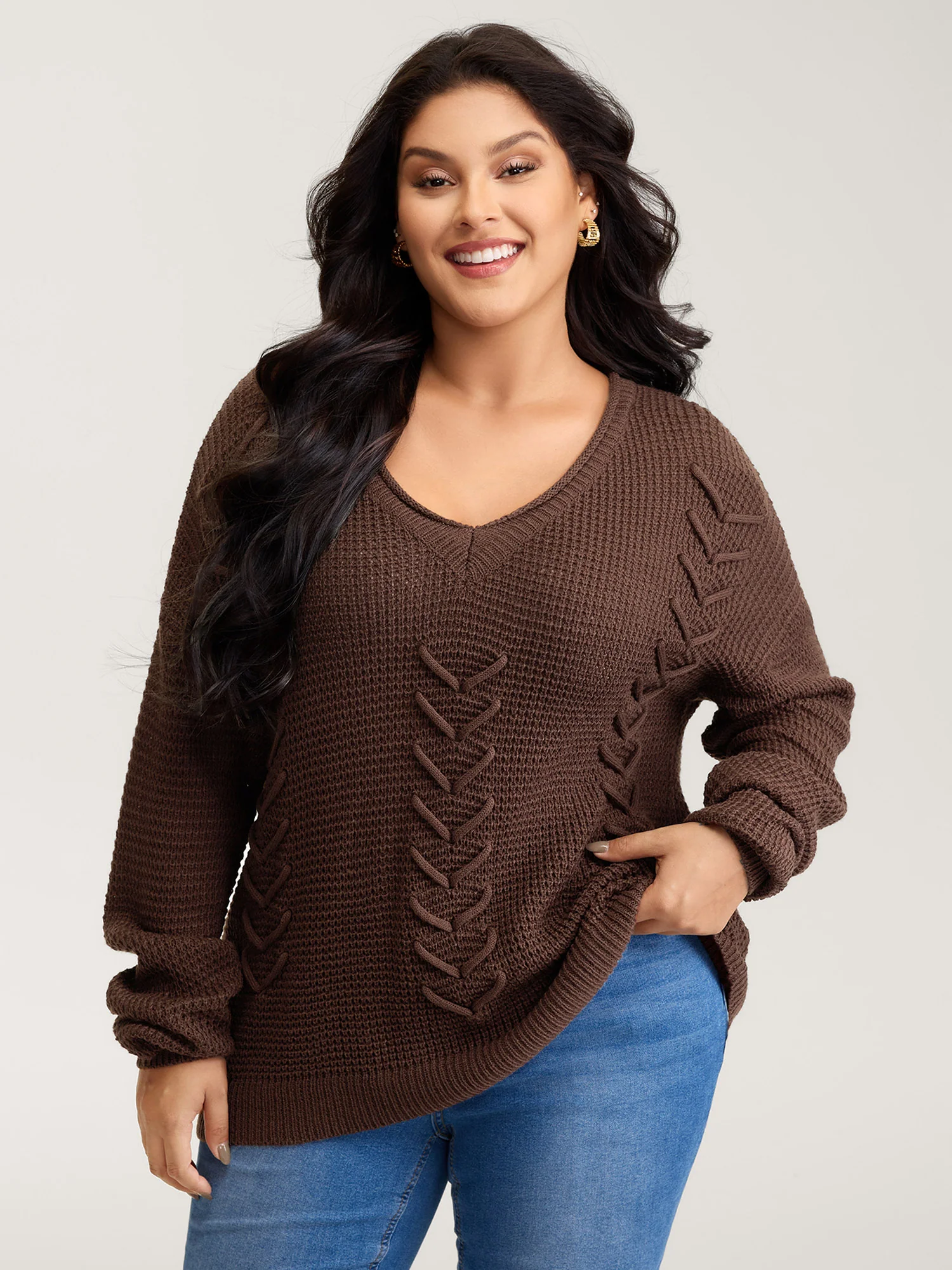 Crossover Textured Balloon Sleeve Pullover - Image 2