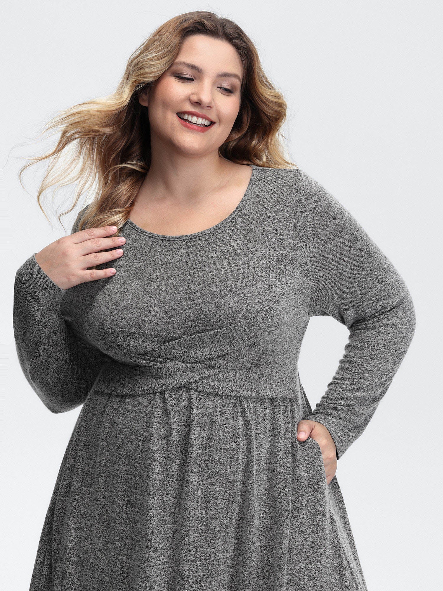 Crossover Waist-Defining Round Neck Midi Dress - Image 2