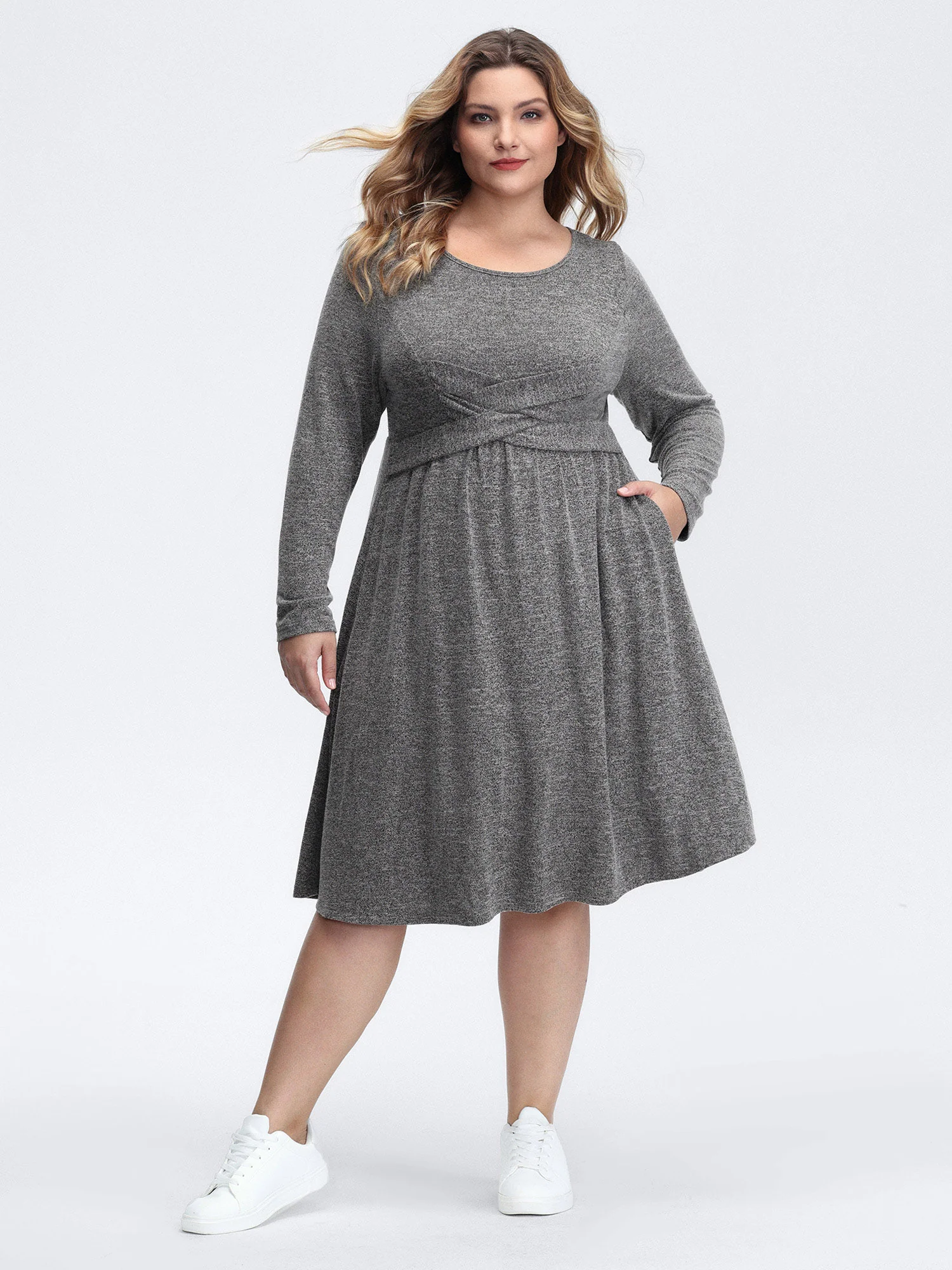 Crossover Waist-Defining Round Neck Midi Dress - Image 3