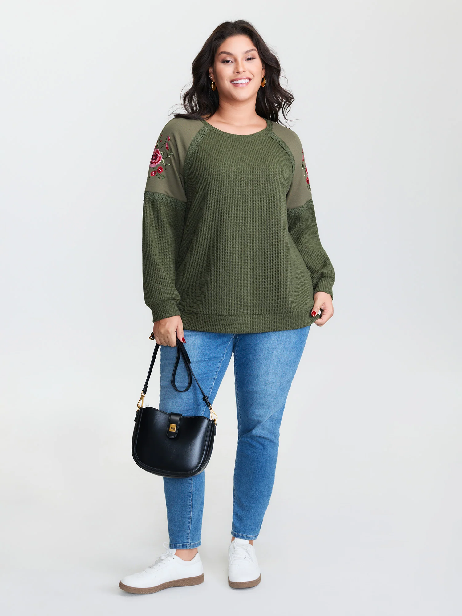 Crossstich Lace Trim Floral Embroidery Sweatshirt - Image 2