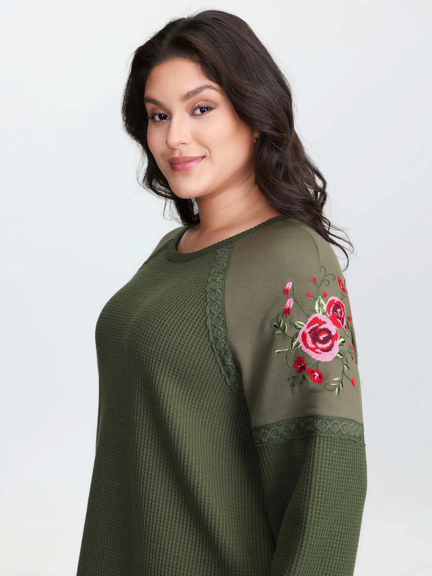 Crossstich Lace Trim Floral Embroidery Sweatshirt - Image 3
