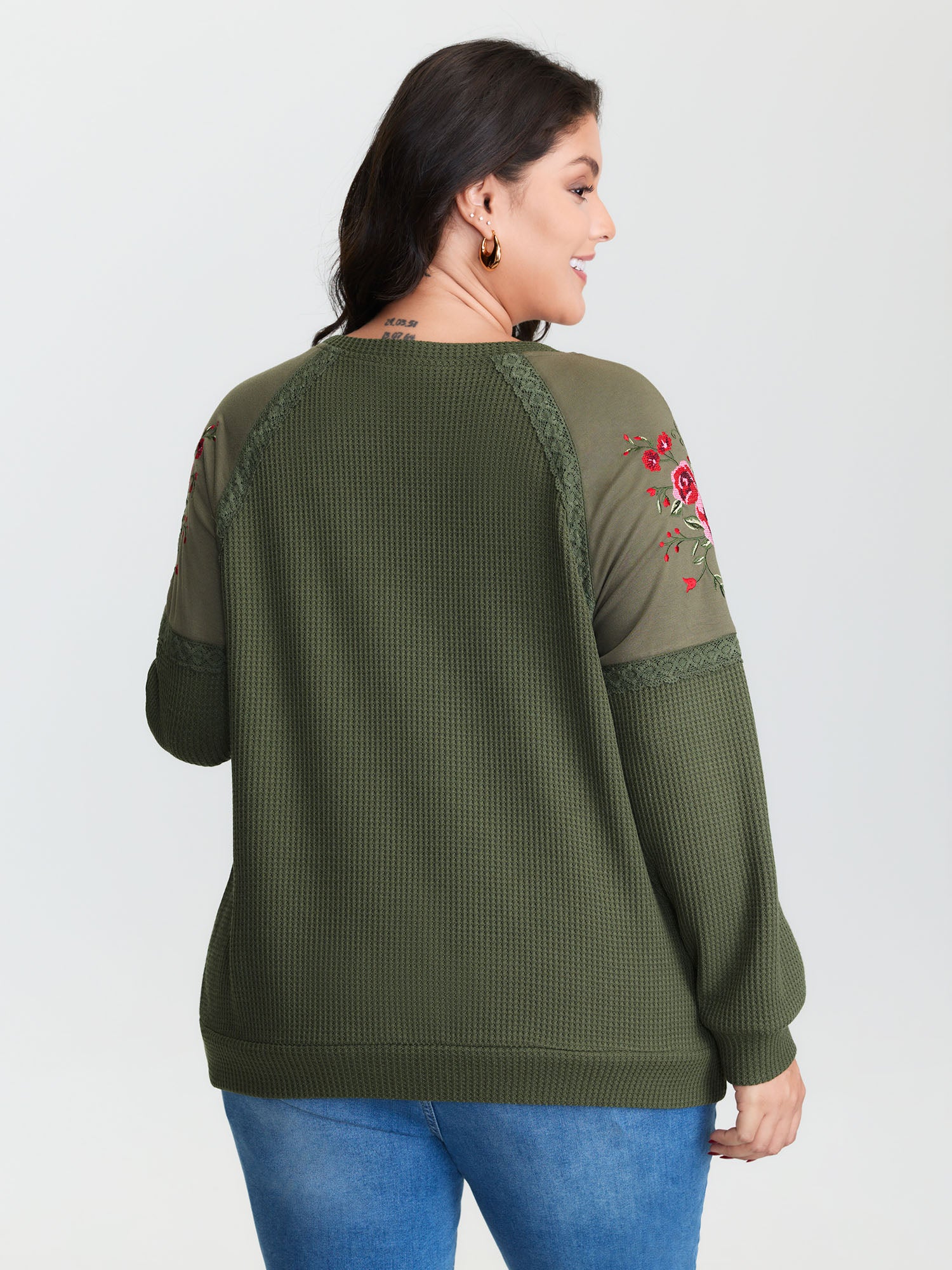 Crossstich Lace Trim Floral Embroidery Sweatshirt - Image 4