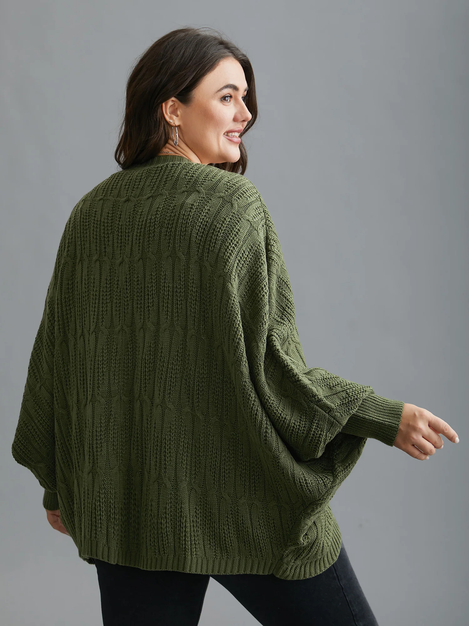 Curved Open-Front Dolman Sleeve Knit Cardigan - Image 2