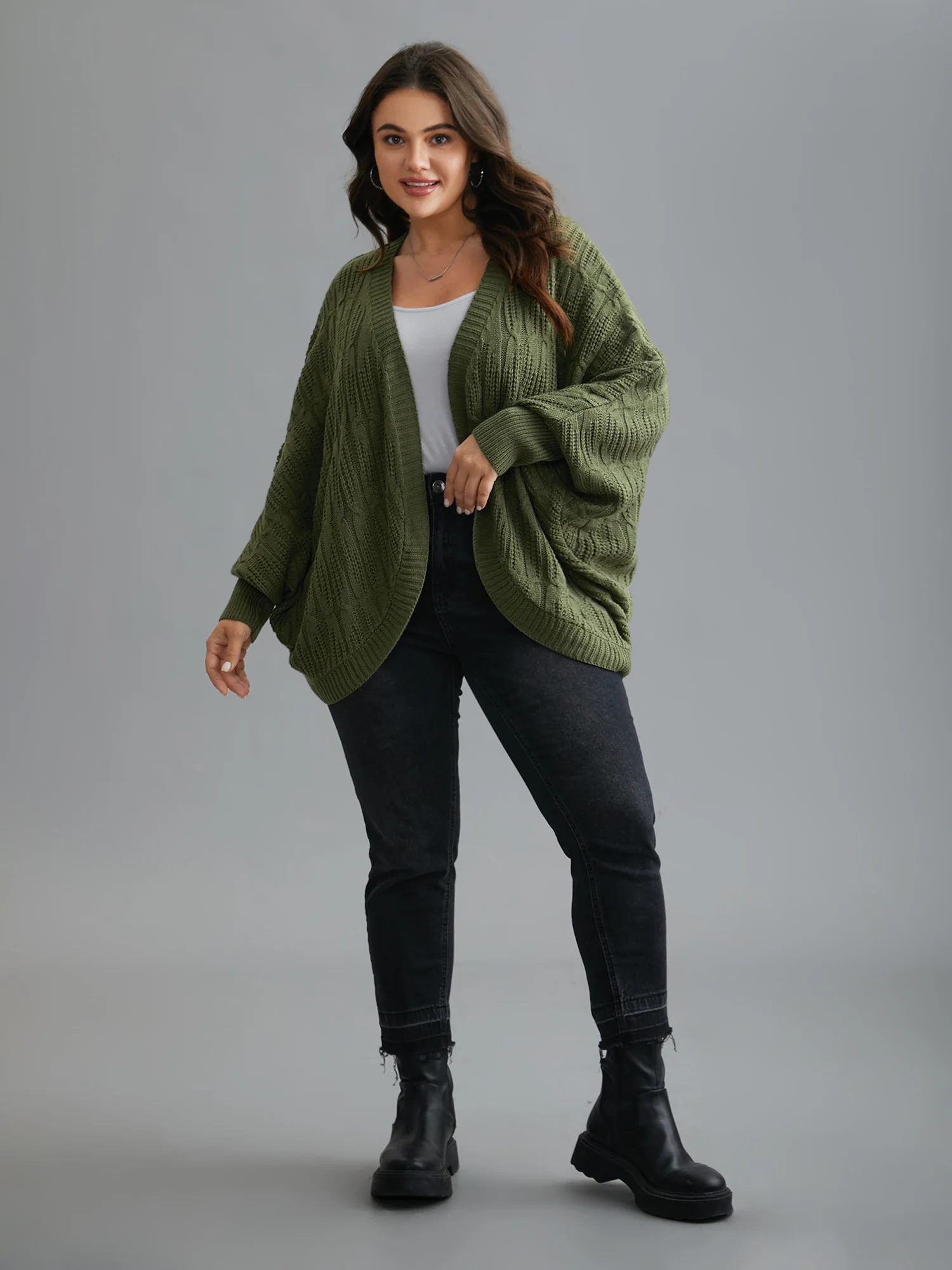 Curved Open-Front Dolman Sleeve Knit Cardigan - Image 3
