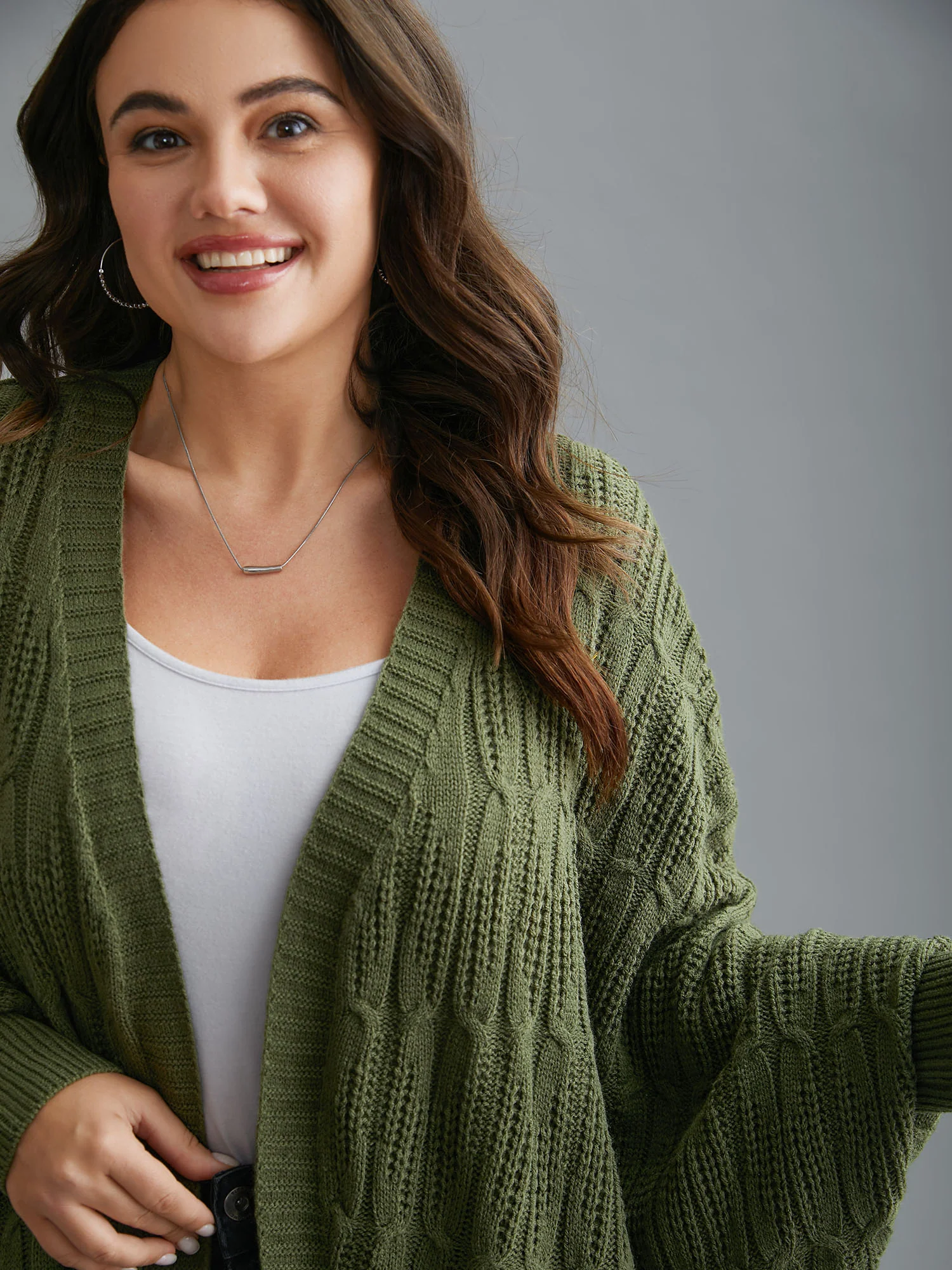 Curved Open-Front Dolman Sleeve Knit Cardigan - Image 4