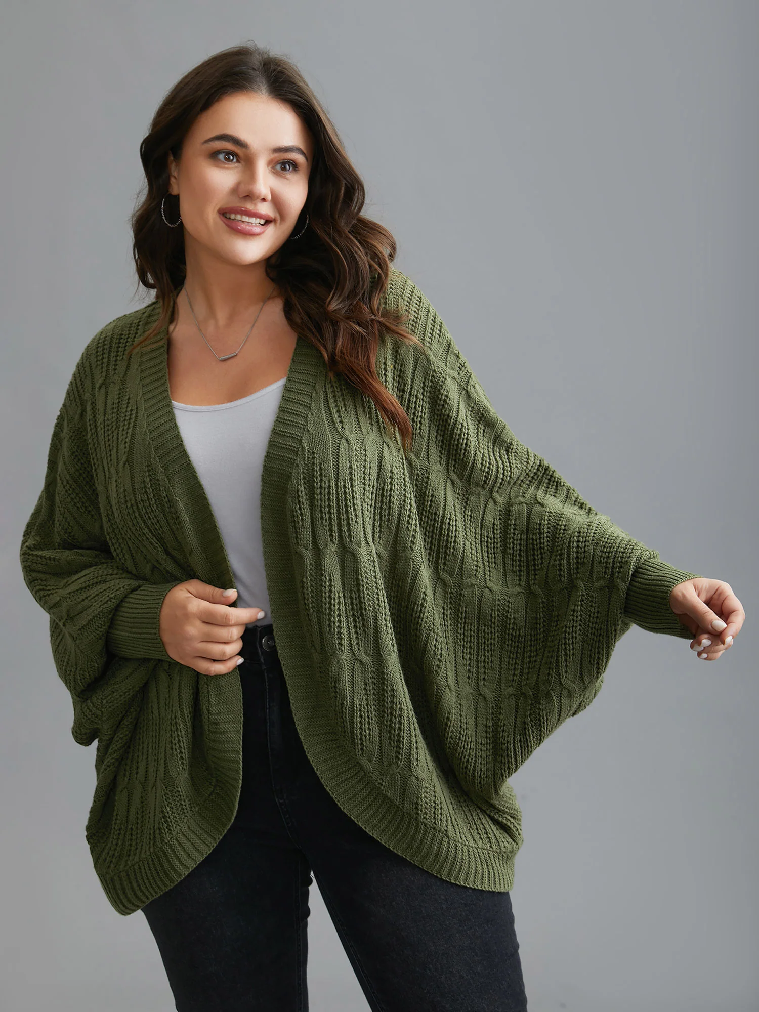 Curved Open-Front Dolman Sleeve Knit Cardigan - Image 5