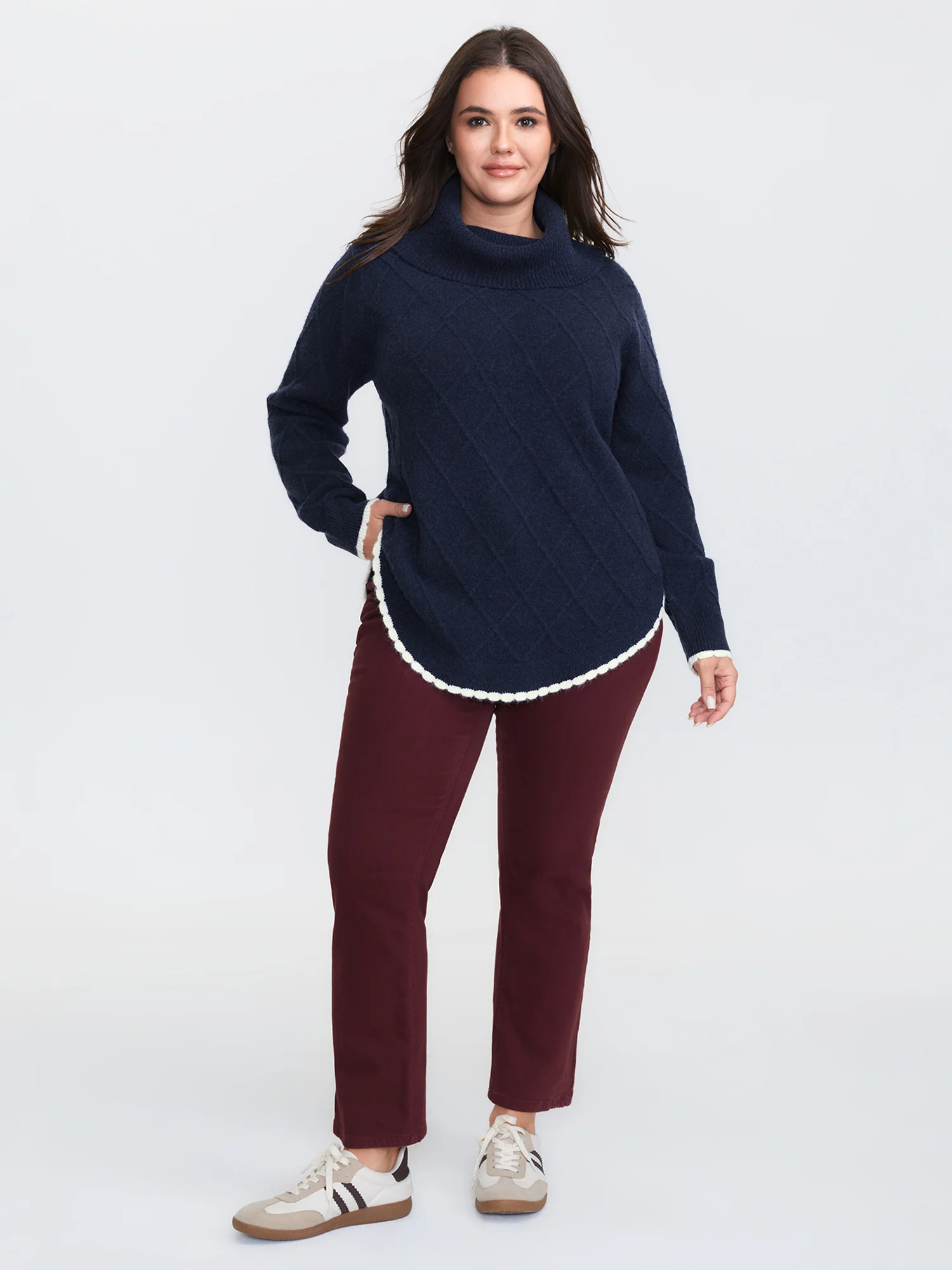 Curvy Contrast Hem Textured Turtleneck Pullover - Image 2