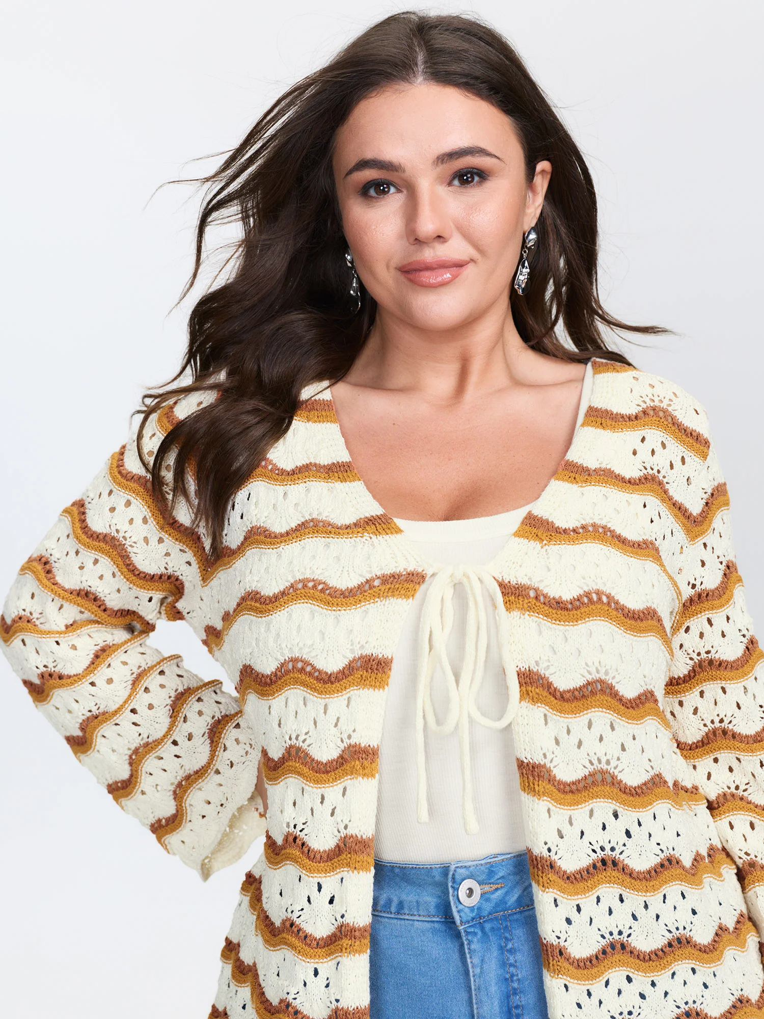 Cut-Out Colorblock Flared Sleeve Knit Cardigan - Image 2