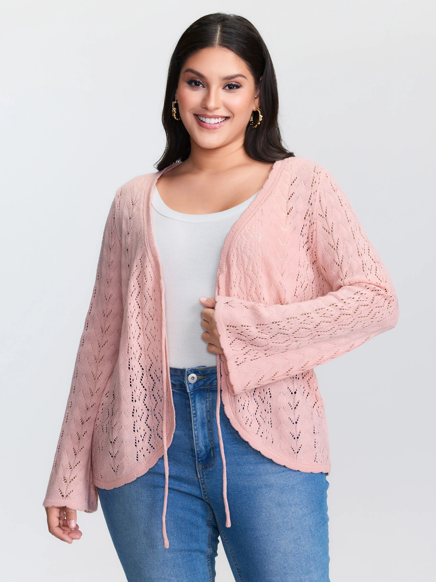 Cut-Out Curvy Front-Tie Knit Cardigan - Image 2