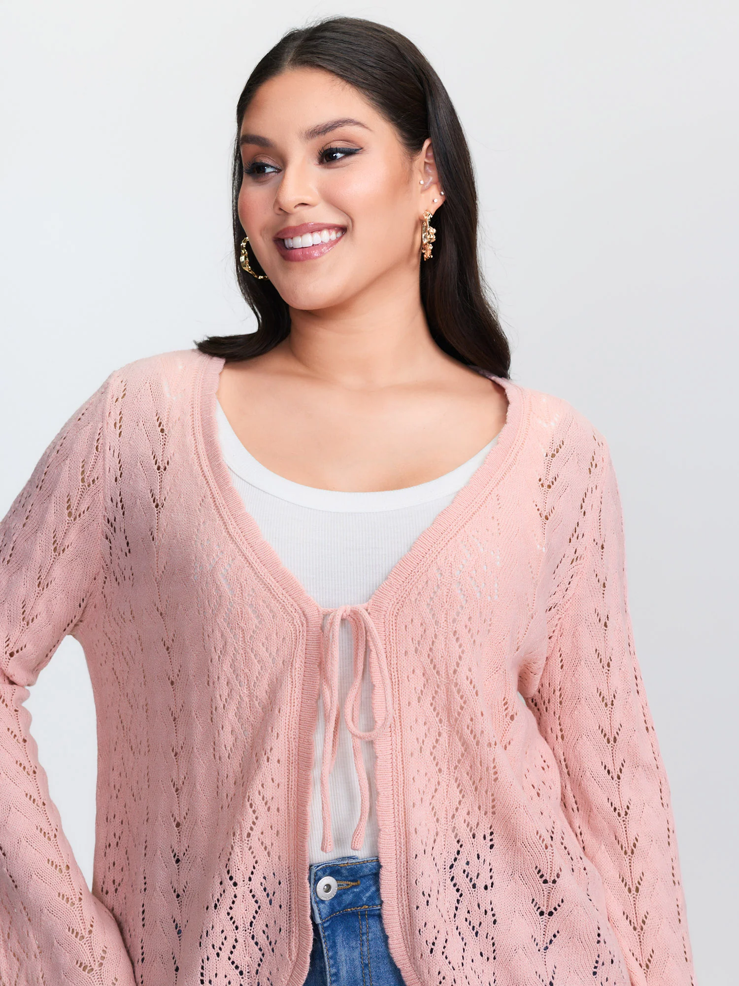 Cut-Out Curvy Front-Tie Knit Cardigan - Image 4