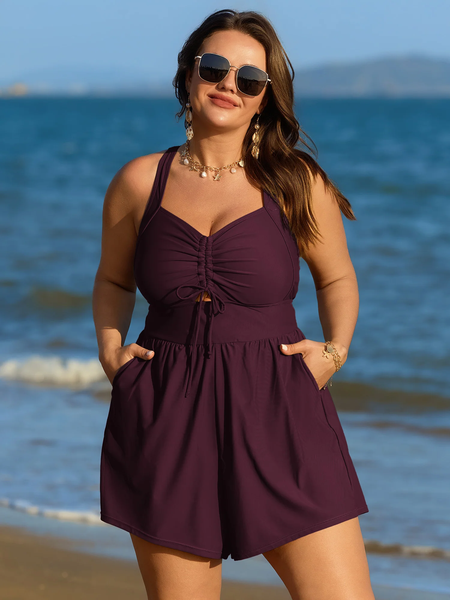 Cut-Out Drawstring Pockets Swim Romper - Image 10