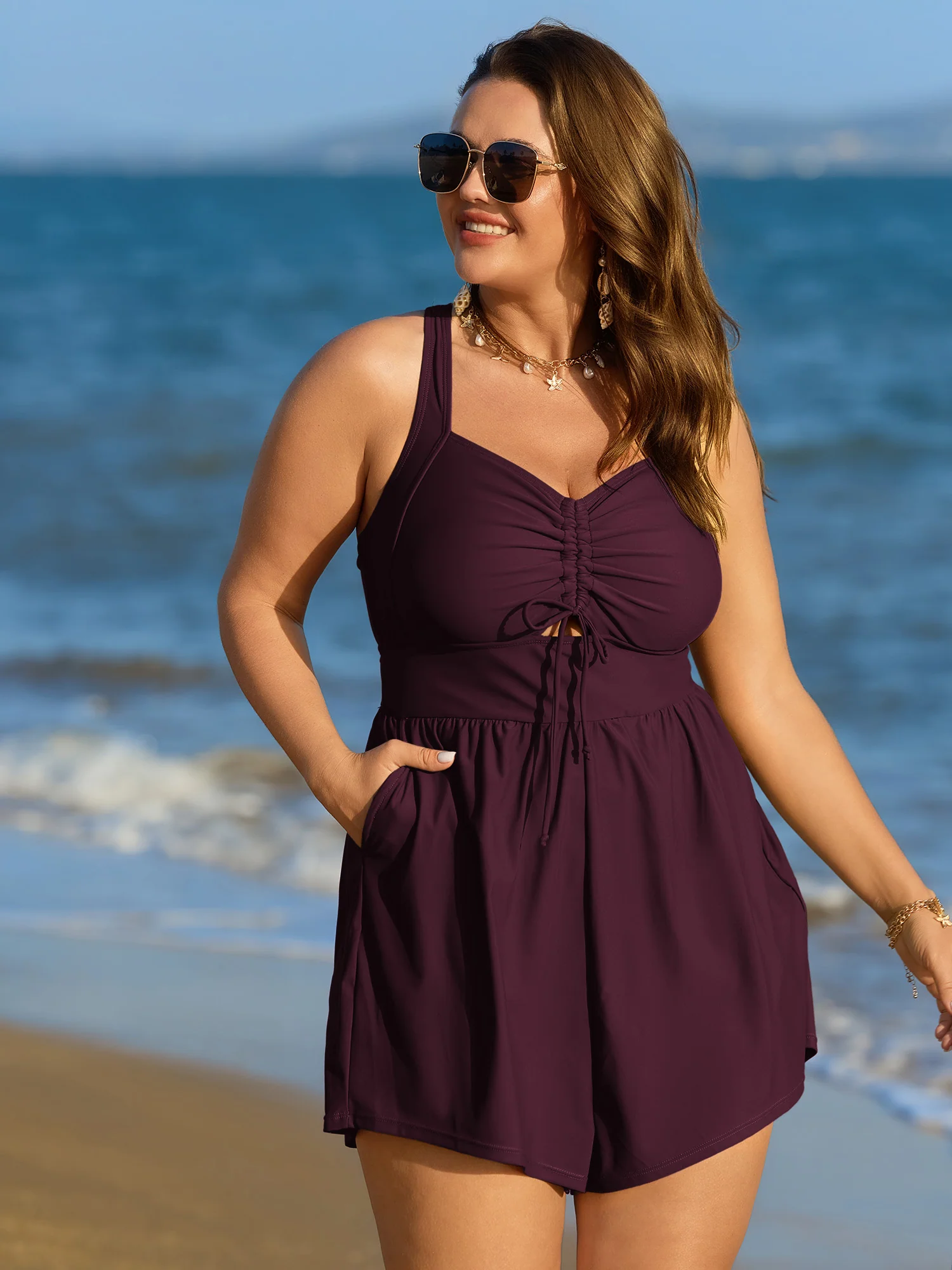 Cut-Out Drawstring Pockets Swim Romper - Image 13