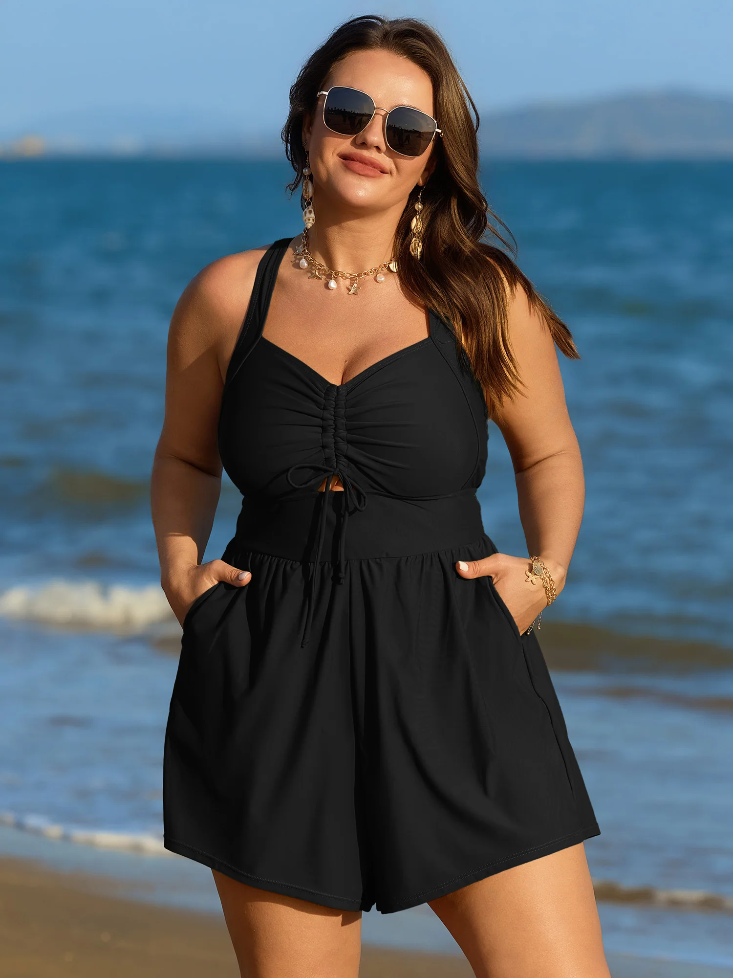 Cut-Out Drawstring Pockets Swim Romper - Image 16