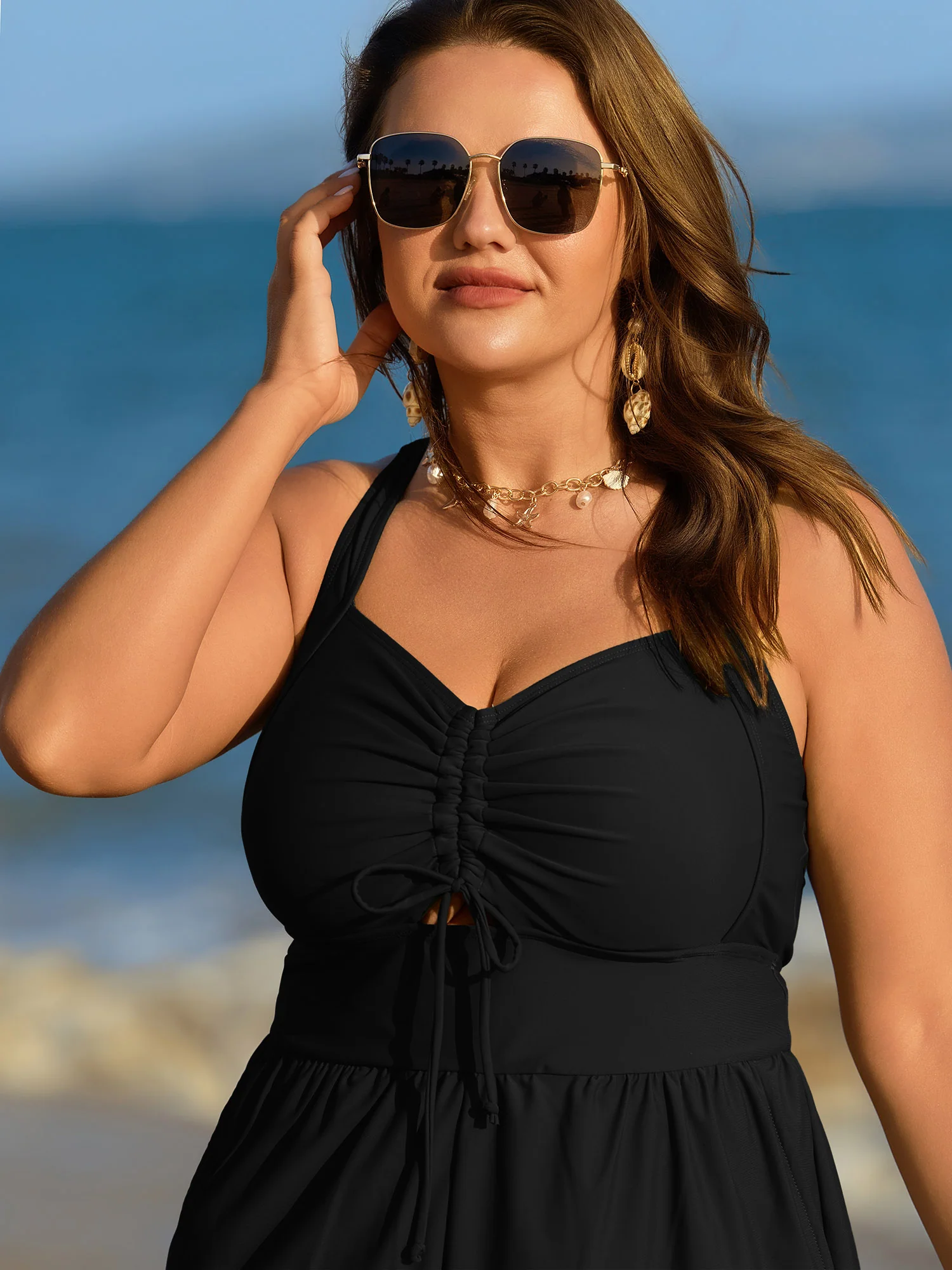 Cut-Out Drawstring Pockets Swim Romper - Image 17