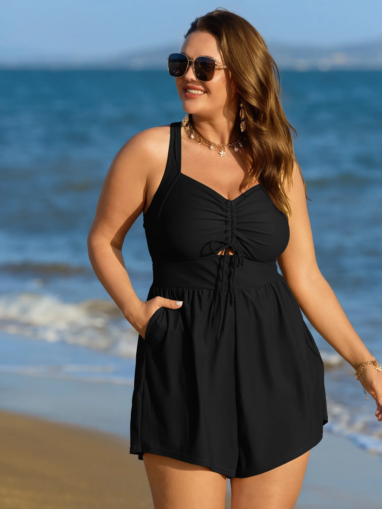 Cut-Out Drawstring Pockets Swim Romper - Image 19