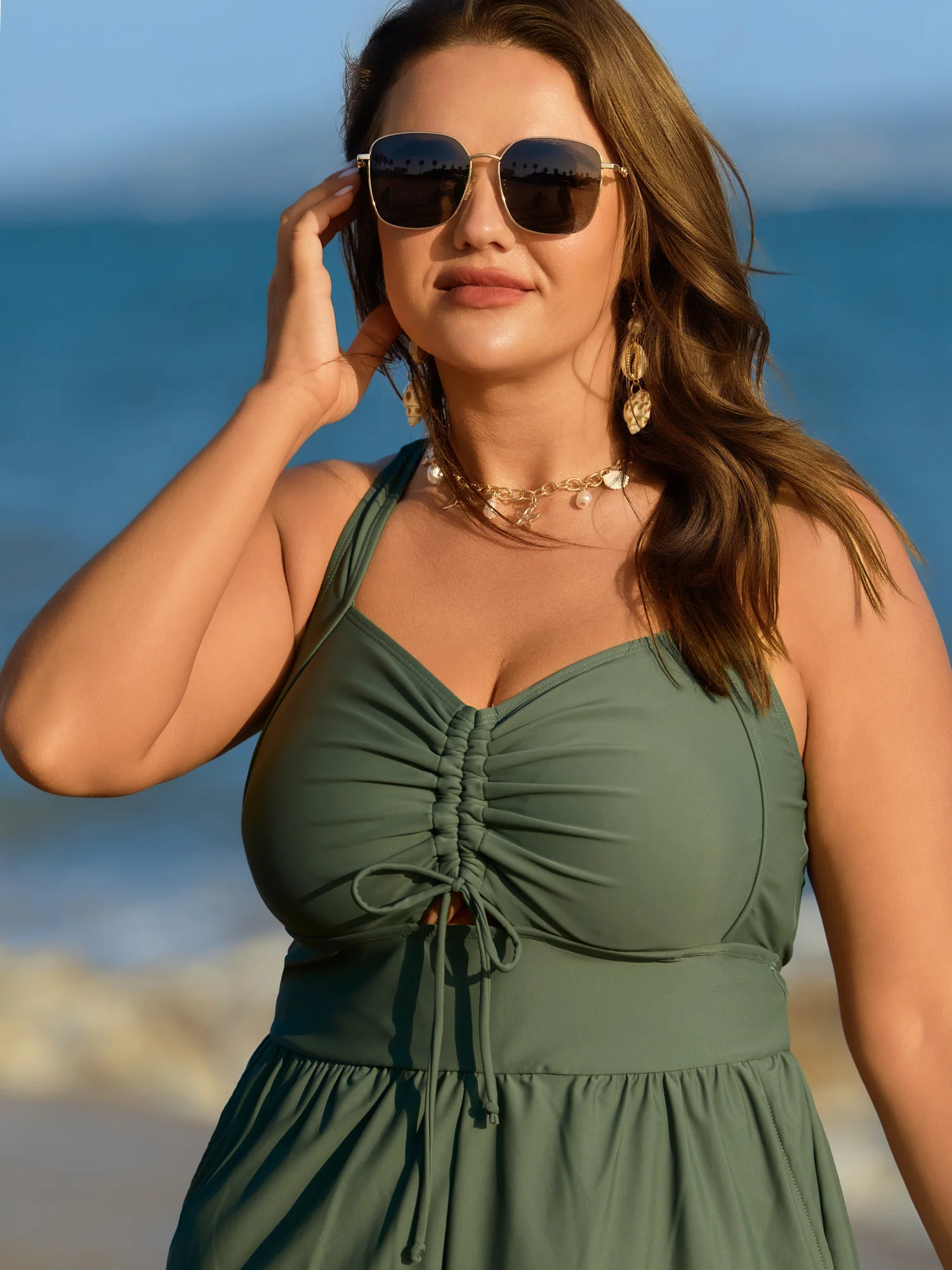 Cut-Out Drawstring Pockets Swim Romper - Image 2
