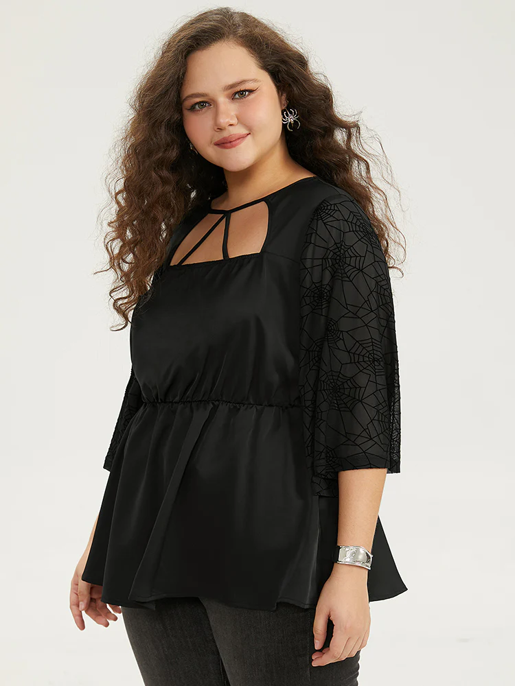 Halloween Cut Out Elastic Waist Guipure Lace Blouse - Image 3
