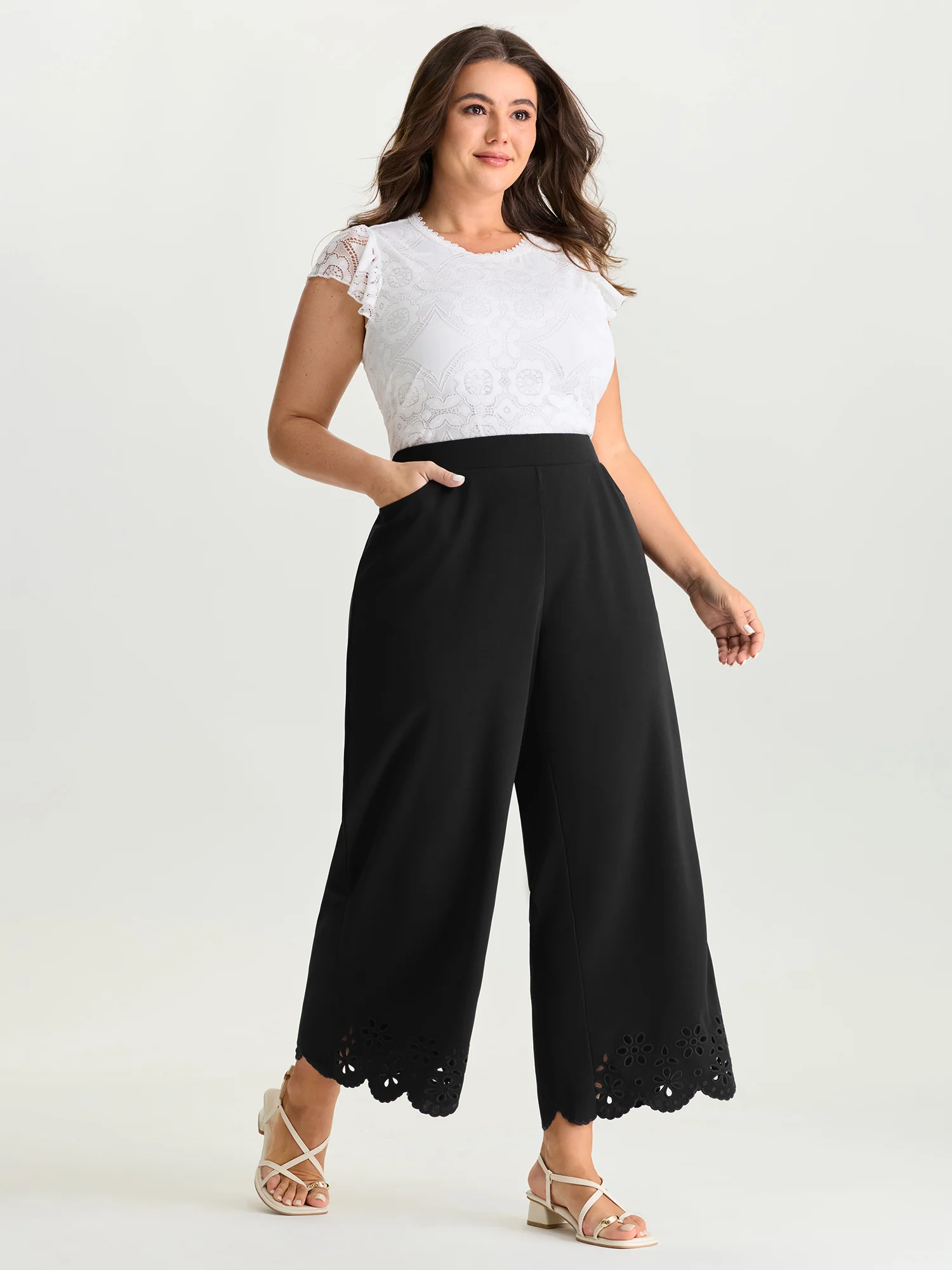 Cut-Out Embroidered Hem Plain Pants - Image 10