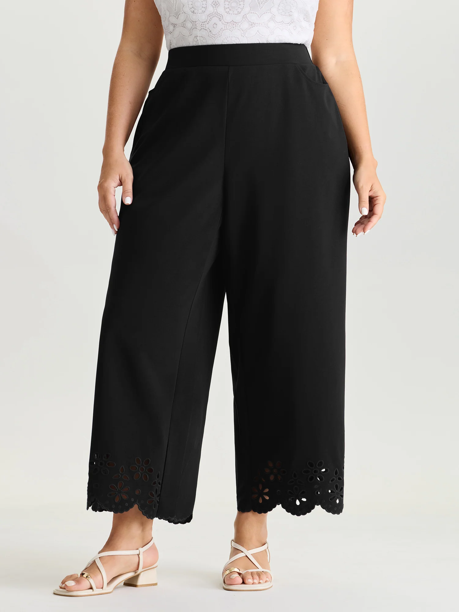 Cut-Out Embroidered Hem Plain Pants - Image 11