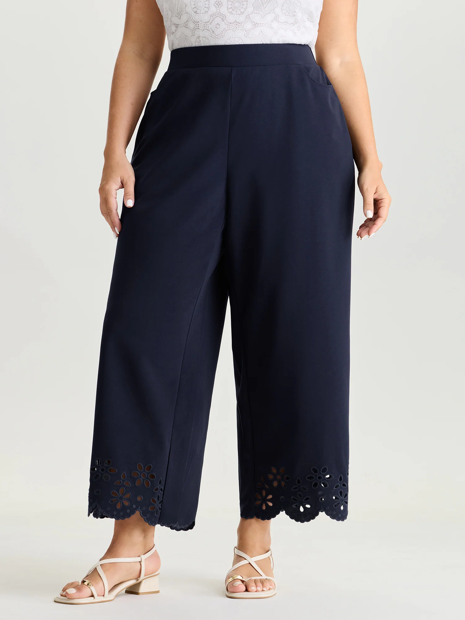 Cut-Out Embroidered Hem Plain Pants - Image 2