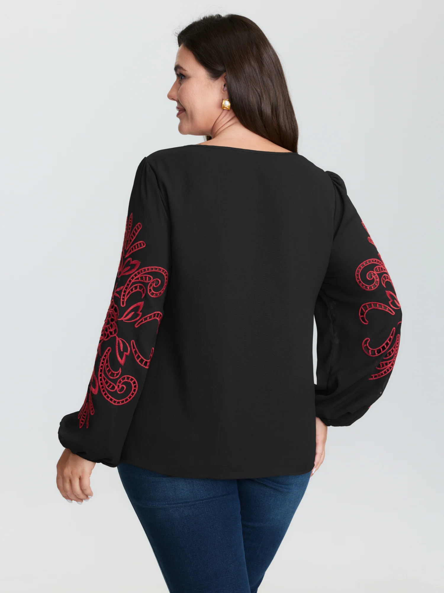 Cut-Out Embroidered Sleeve Blouse - Image 4