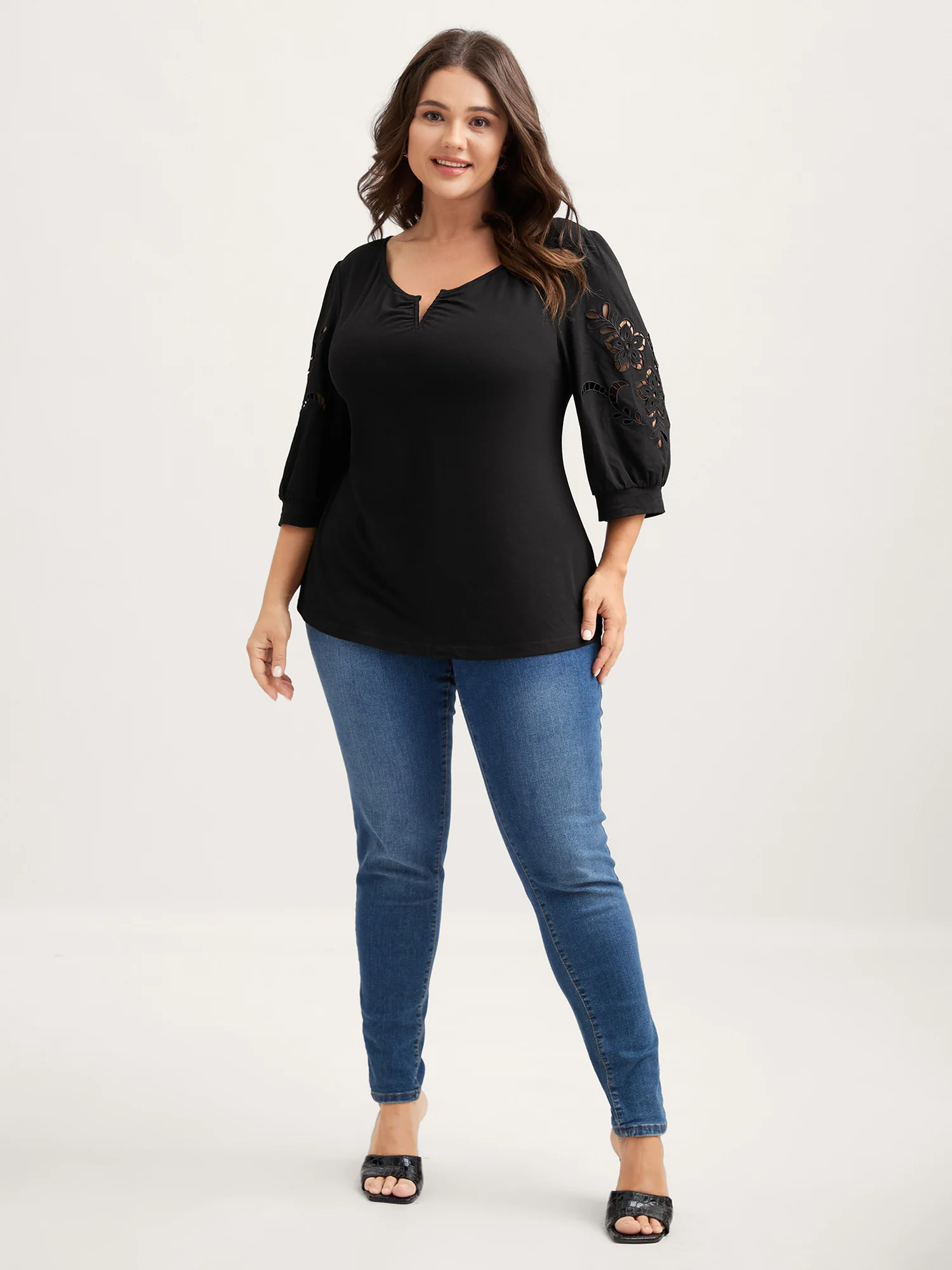Cut-Out Embroidery Sleeve Solid T-Shirt - Image 3