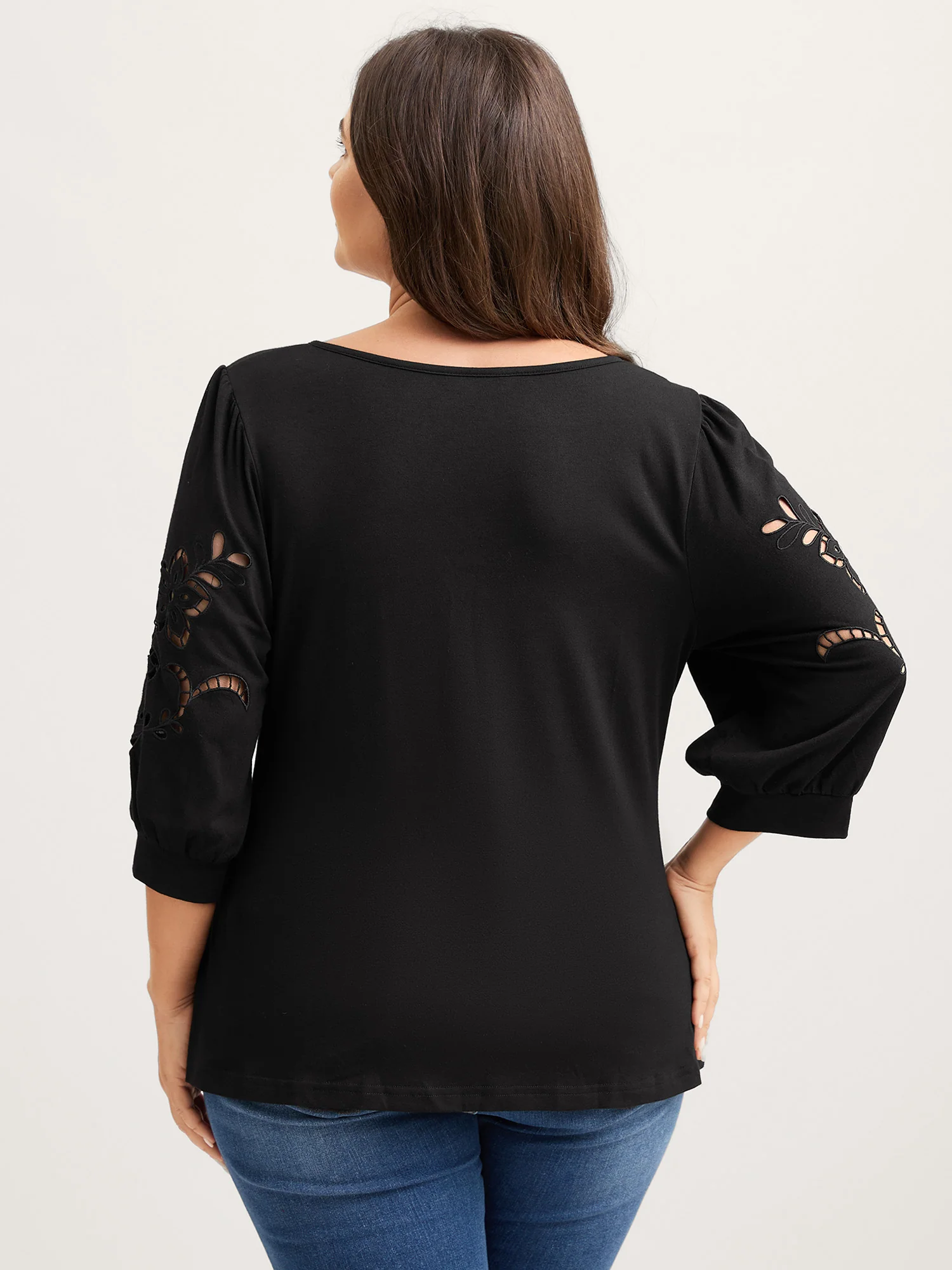 Cut-Out Embroidery Sleeve Solid T-Shirt - Image 4