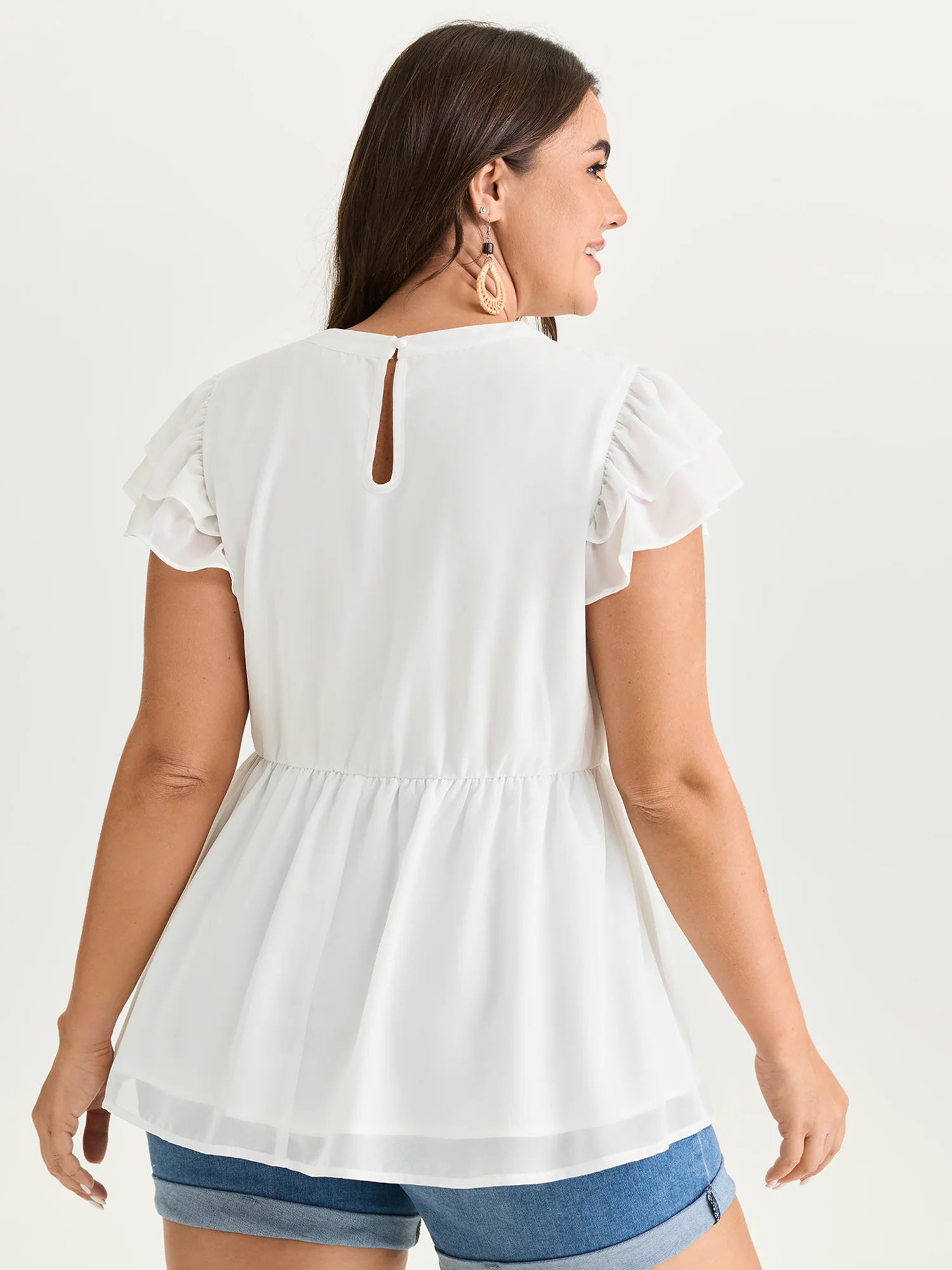 Cut Out Floral Neckline Plain Blouse - Image 4