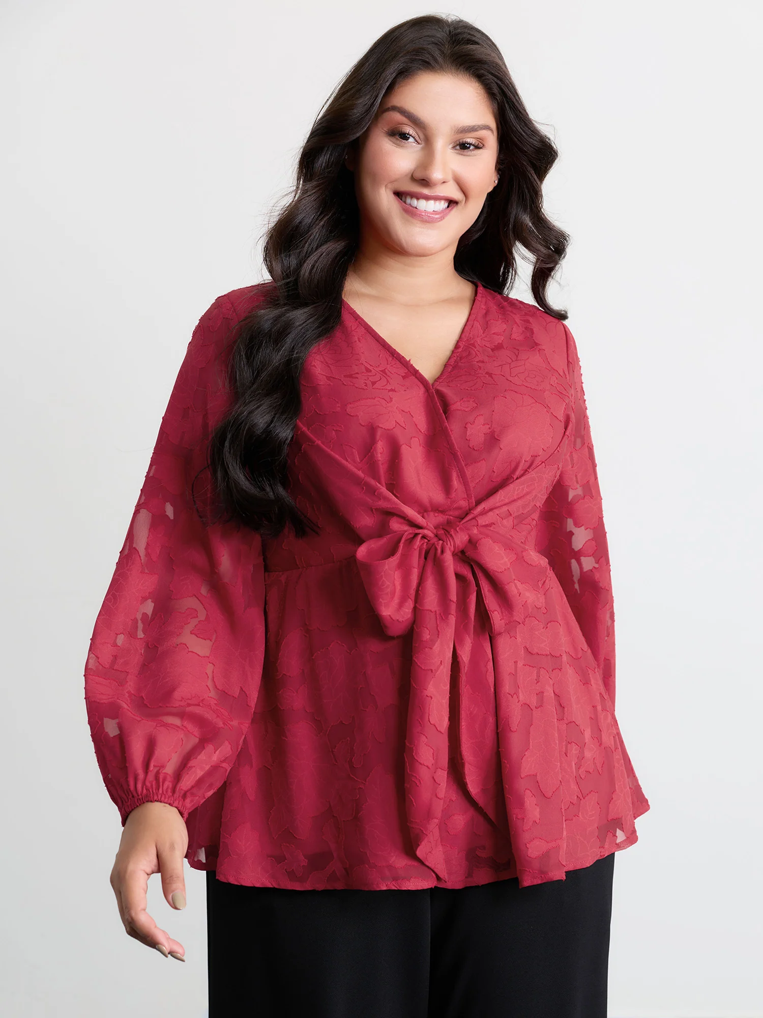 Cut-Out Flower Adjustable Belt Blouse - Image 2
