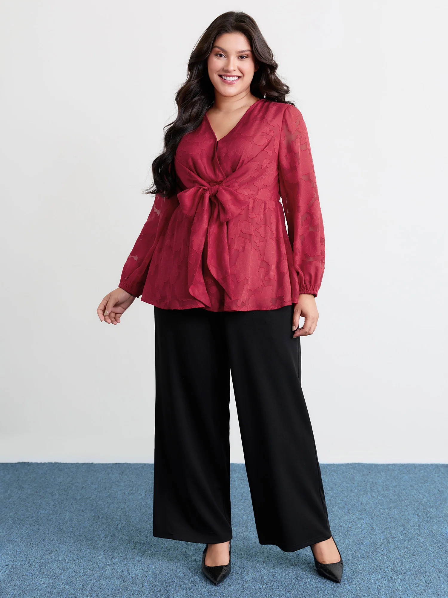 Cut-Out Flower Adjustable Belt Blouse - Image 3