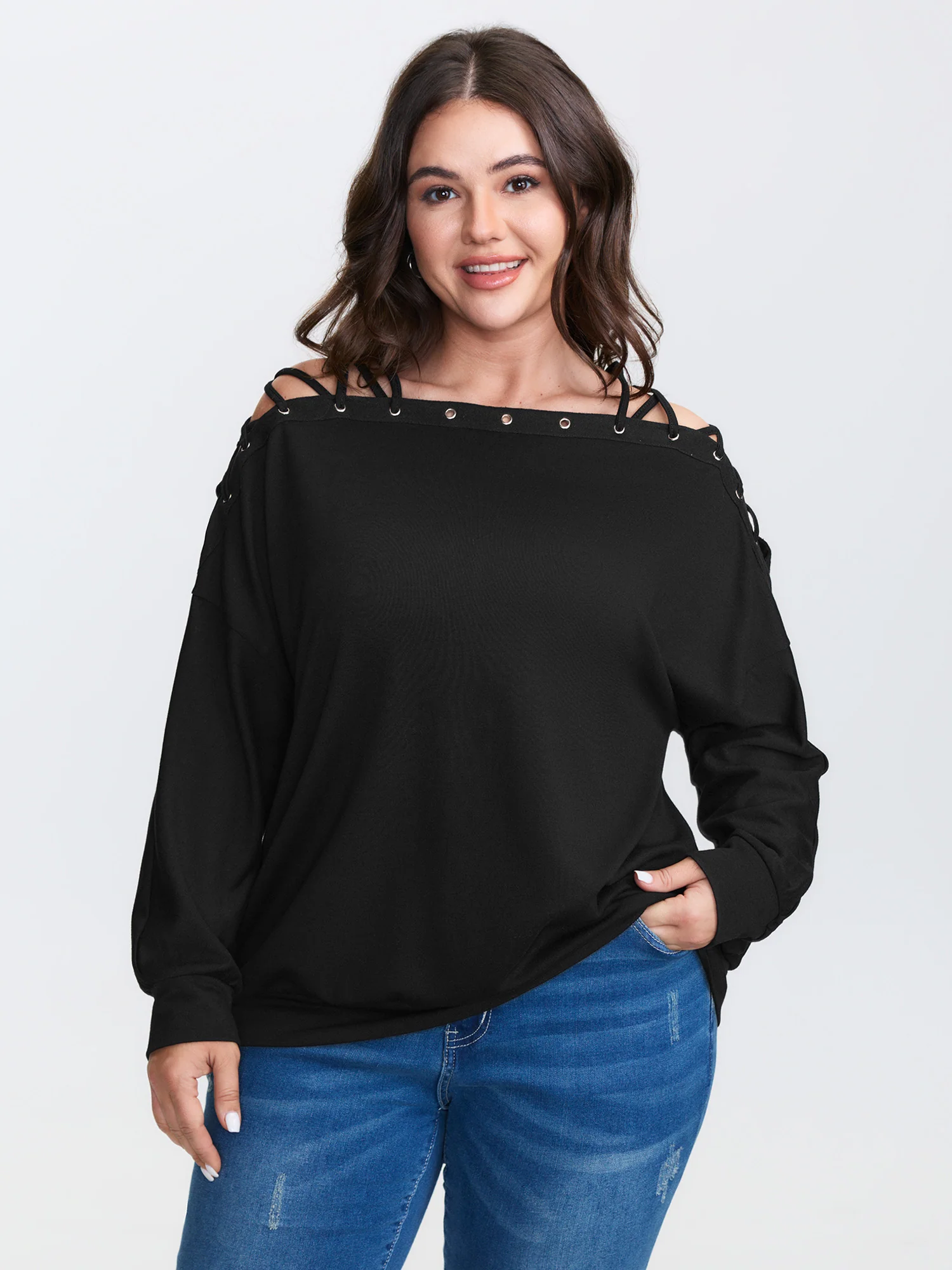 Cut-Out Off-Shoulder Plain Sweatshirt - Image 2