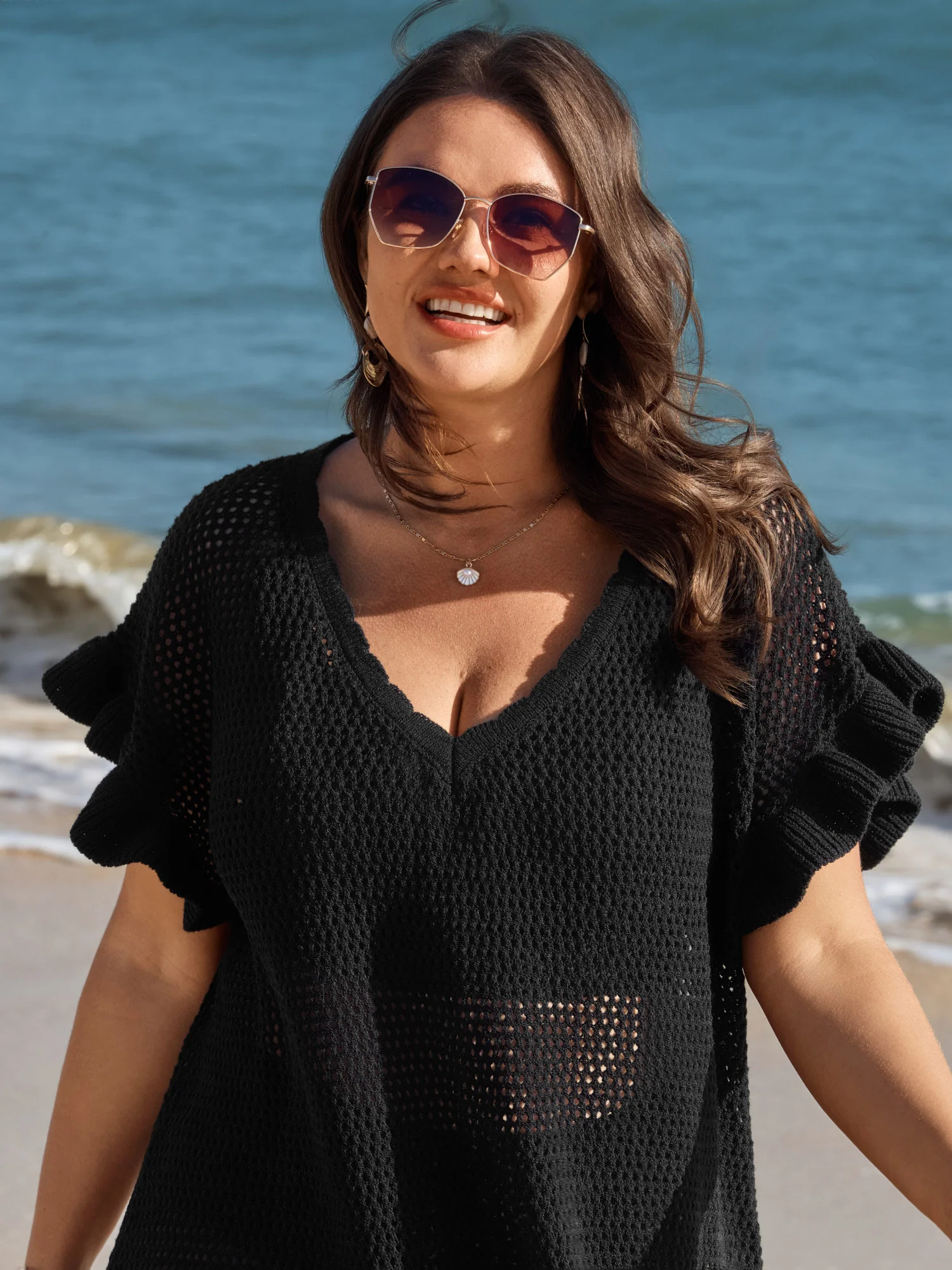 Cut-Out Ruffled Sleeve Swim Cover-Up - Image 2