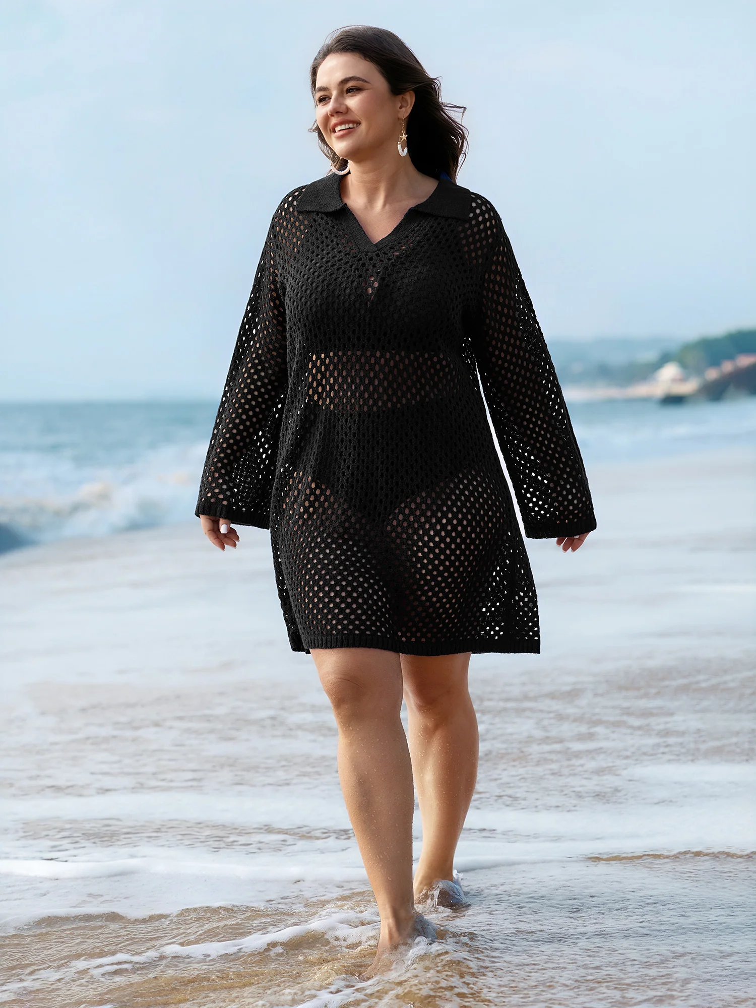 Cut-Out Sheer Collar Swim Cover-Up - Image 3