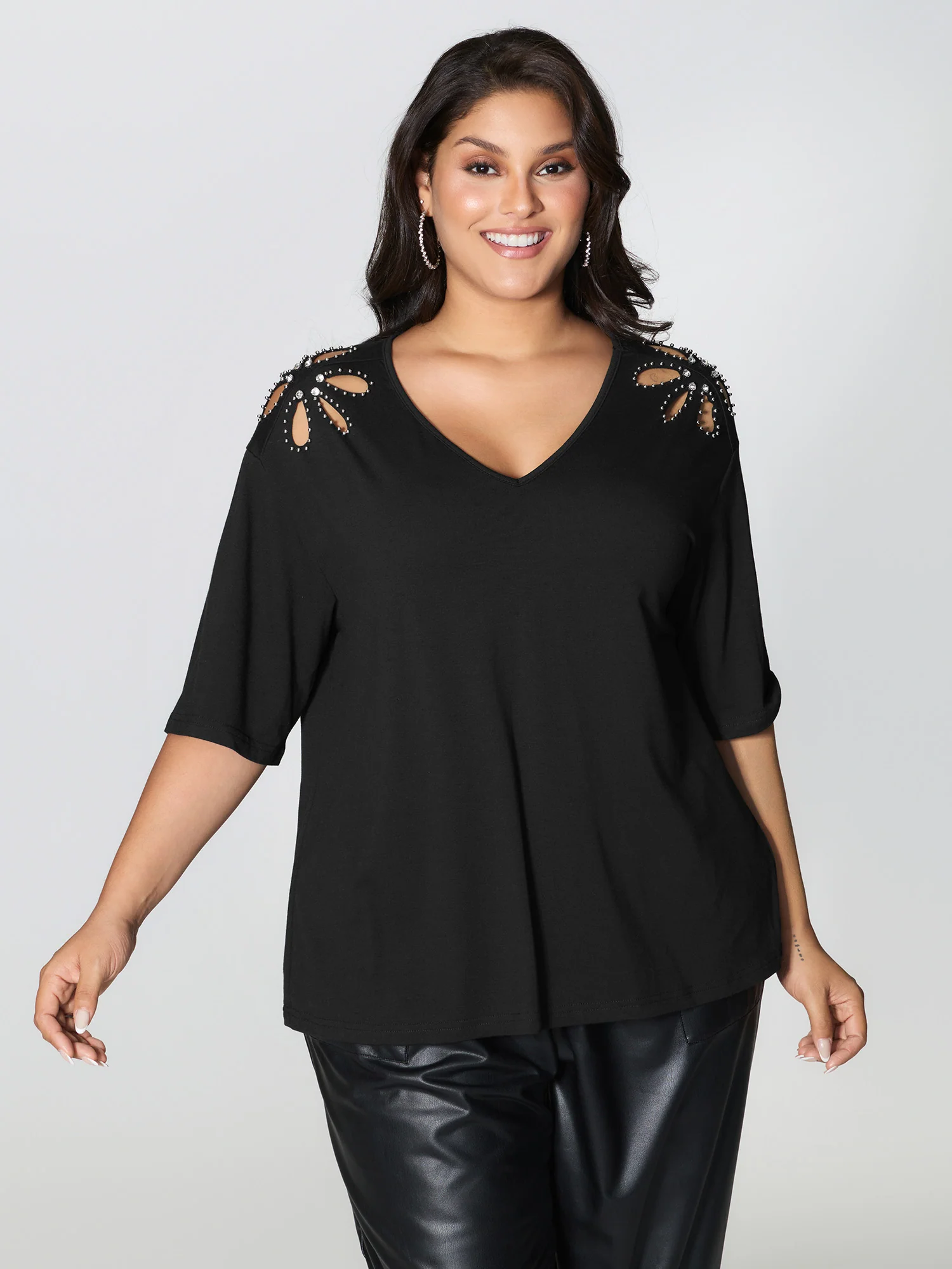 Cut-Out Shoulder Beads T-Shirt - Image 3