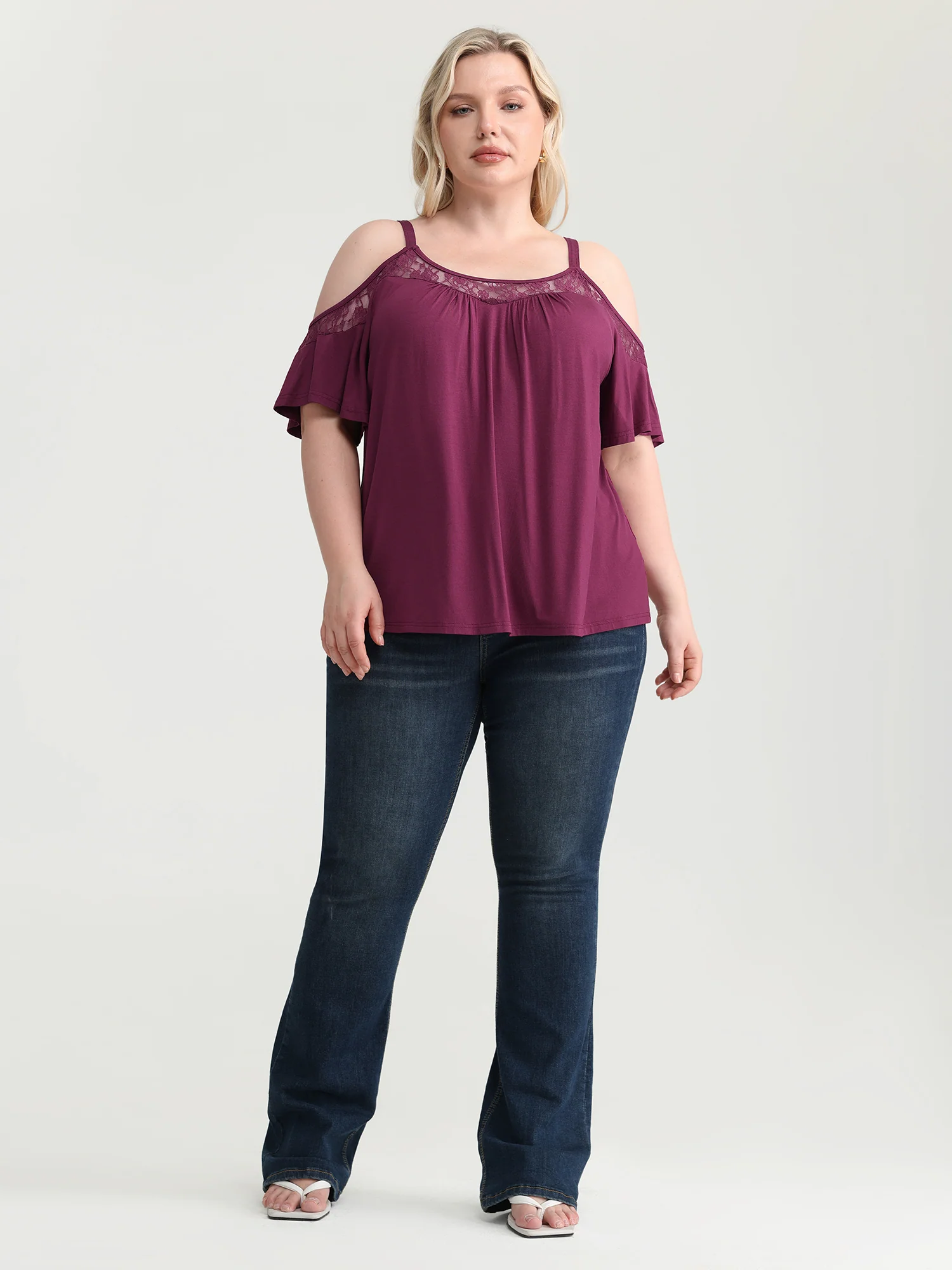 Cut-Out Shoulder Lace Trim Knit Top - Image 3