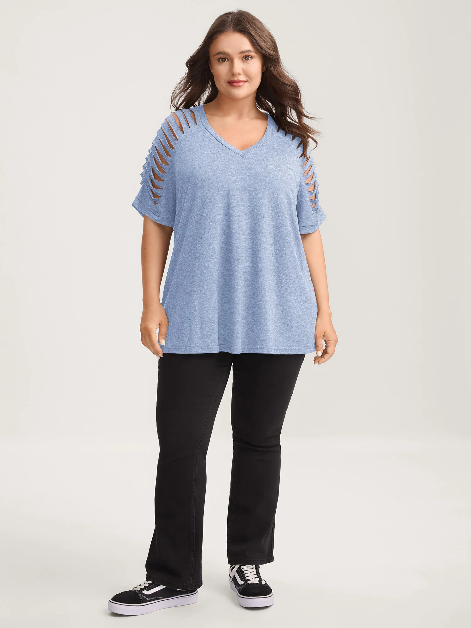 Cut-Out Sleeve V Neck T-Shirt - Image 11