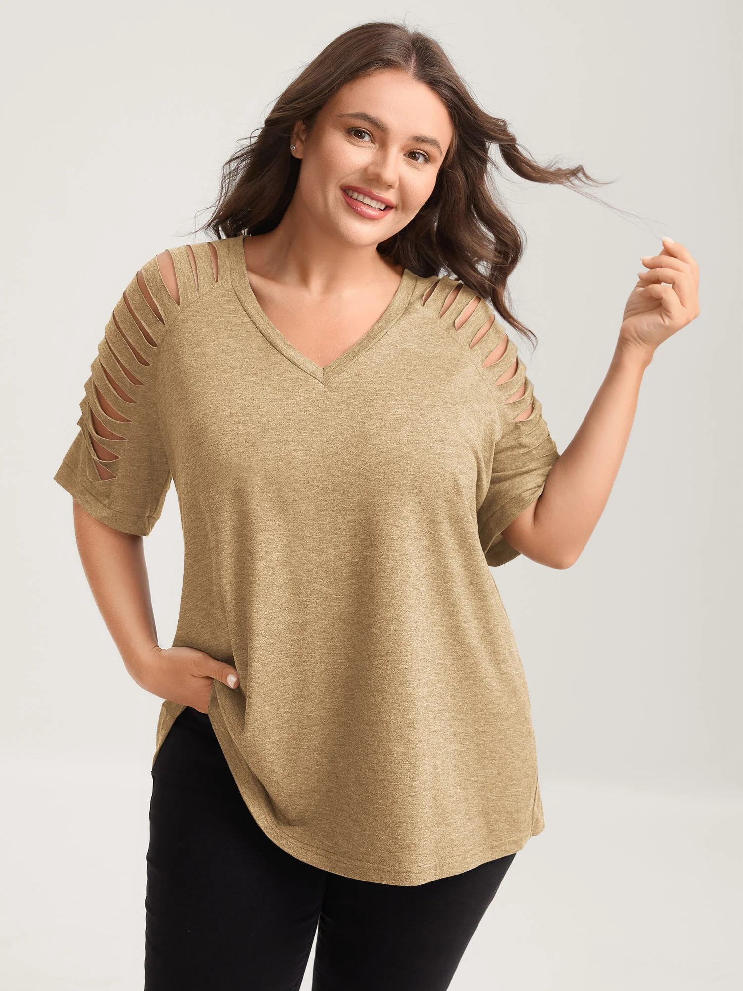 Cut-Out Sleeve V Neck T-Shirt - Image 14